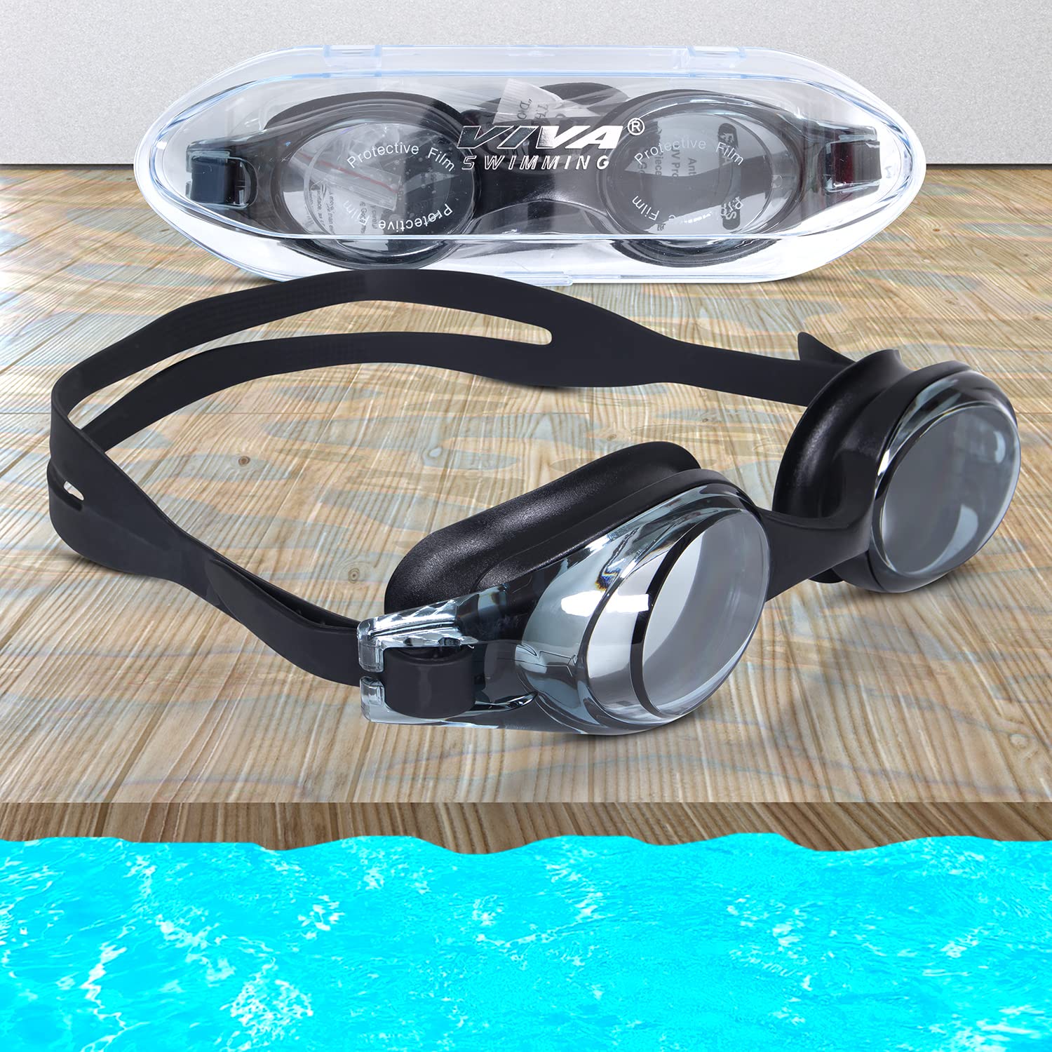 Viva Flex Swimming Goggle | One Piece | Double Silicone Strap | Case Packing (Black)