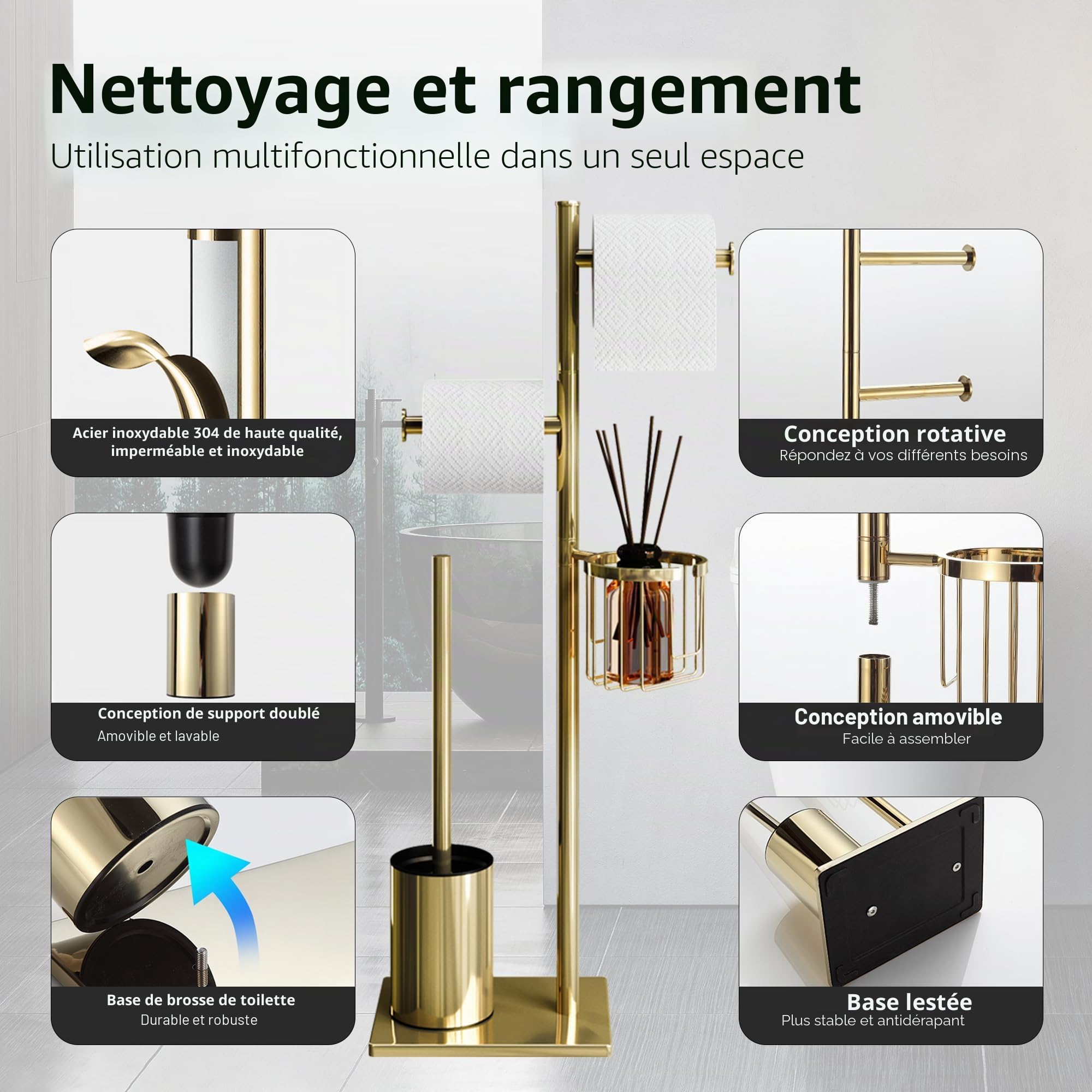 Porte-Papier Toilette en Acier Inoxydable avec Brosse WC et Panier d’Angle Rond. Design élégant, Durable, résistant à la Rouille et idéal pour Gagner de l’Espace (Or)
