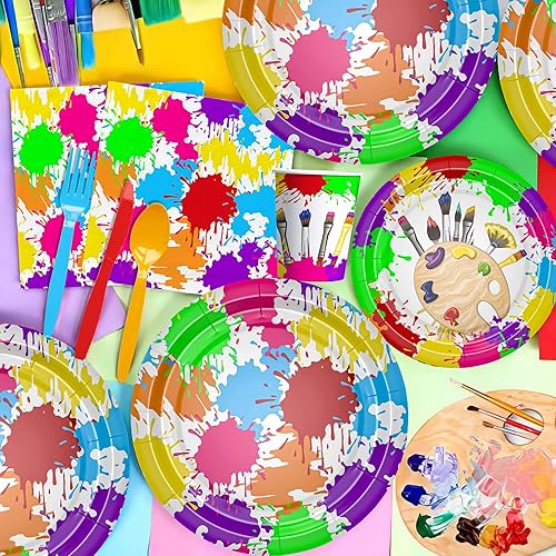 Miniatura 7 de Vajilla de decoración de fiesta de arte, suministros para fiestas de pintura, plato de papel, taza, servilleta, mantel, cubiertos, pintura