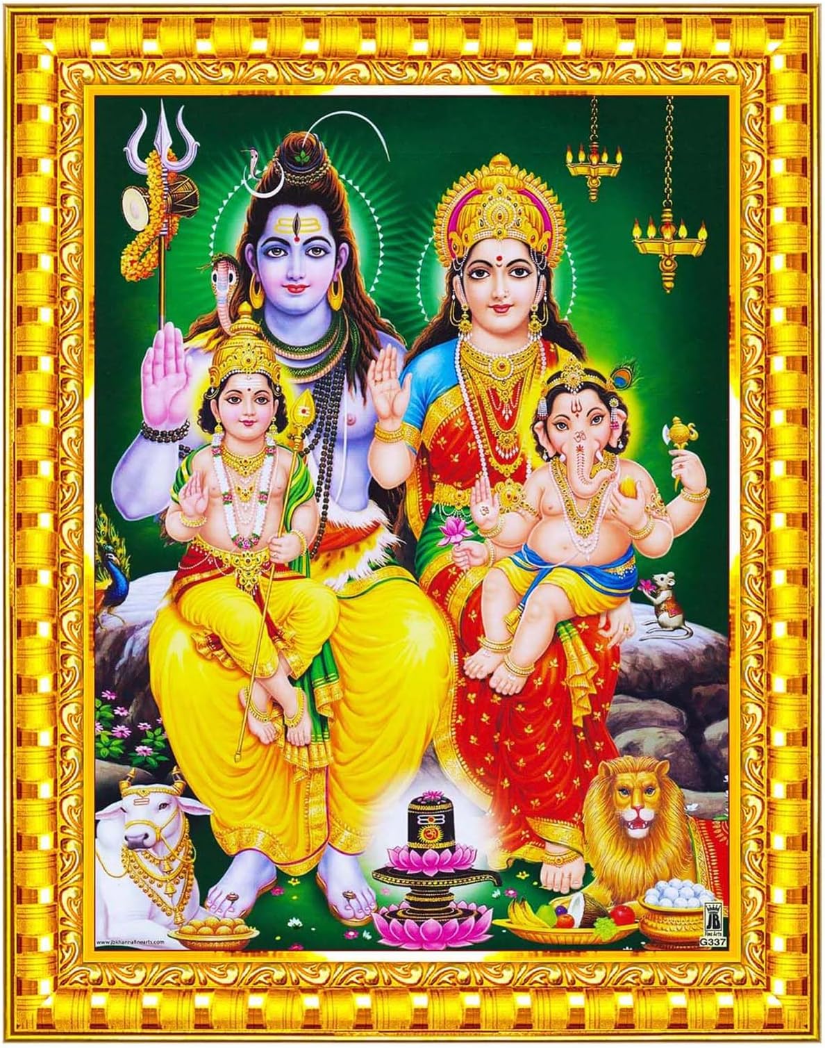 Pavan Photo Laminations Shiv Parivar Family Siva Parvati Lord Shiva Wall Painting Framed Home Decor (Wood,Acrylic,Gold,Big Size,10x12 Inch) R145M