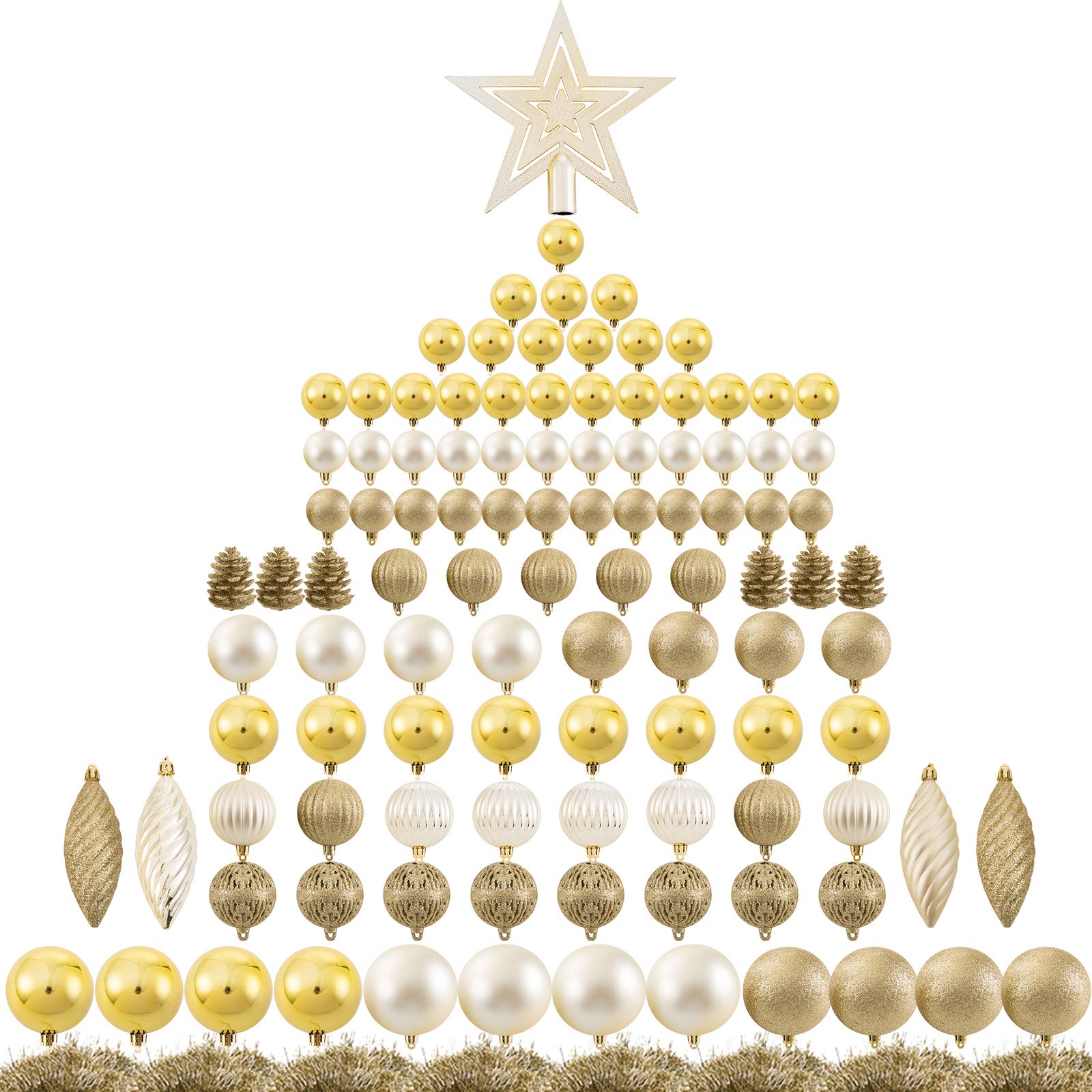 Ogrmar 119ct Christmas Tree Ball Ornaments Set Luxury Shatterproof Golden | Christmas Tree Ball Ornaments Set, Assorted Shapes & Sizes Shatterproof Hanging Decorations with Gift Box for Christmas