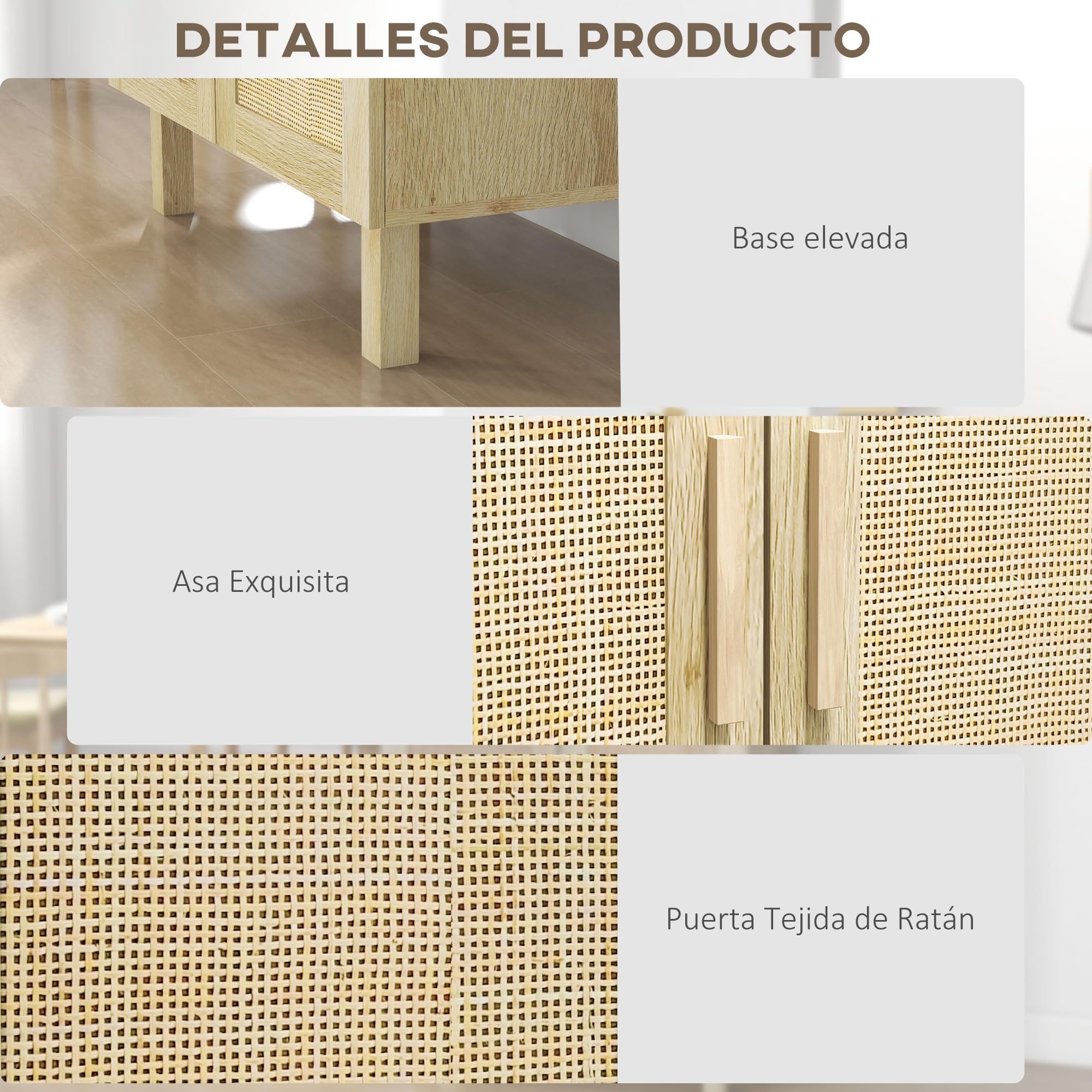 HOMCOM Aparador con 2 Puertas de Rejilla de Ratán 73x41x102 cm Natural | Aparador para Salón Nórdico, Estantes Ajustables, para Comedor, Entrada, Dormitorio