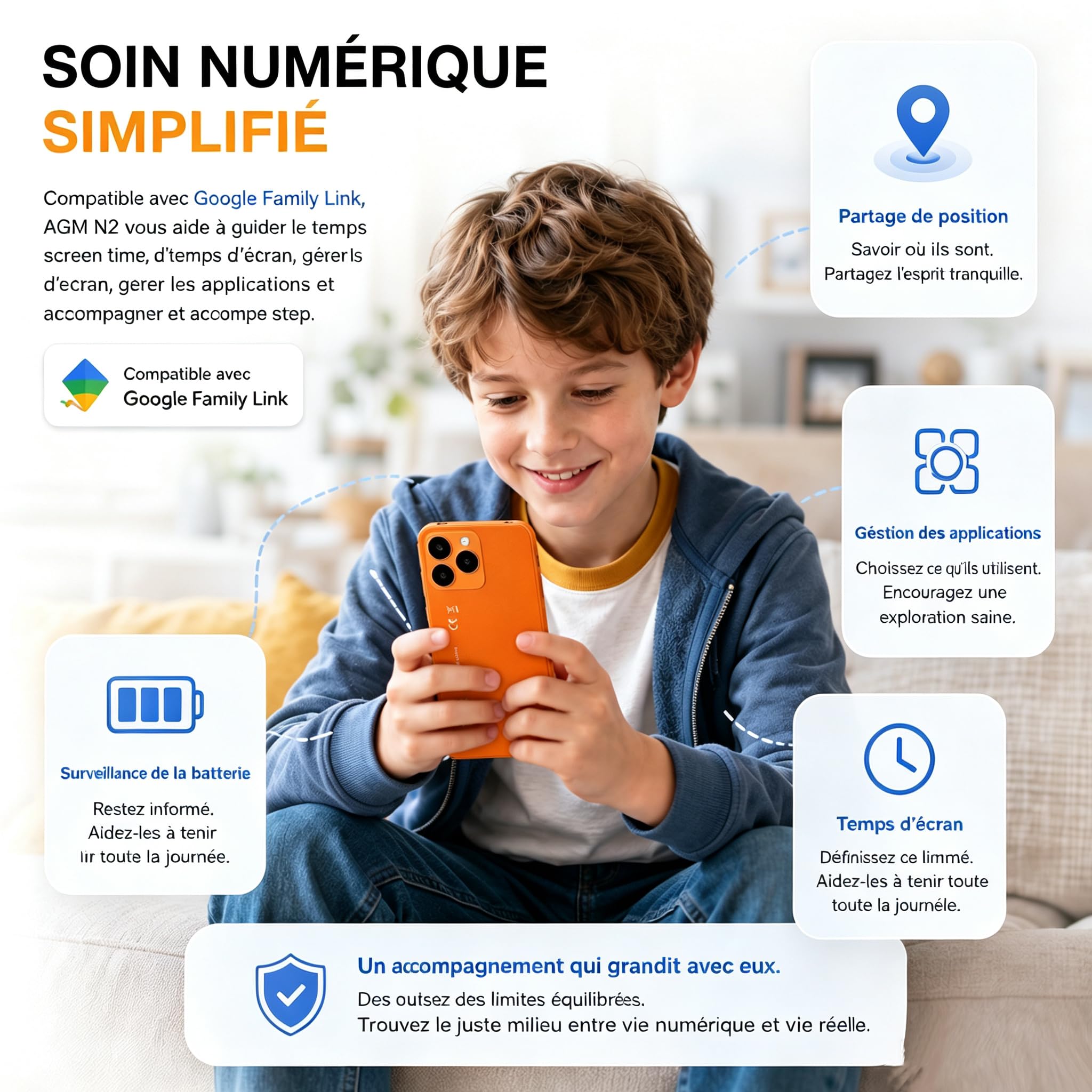 AGM Note N2 Mini Téléphone, Android 16, 4,96" Whatsapp 3+32Go IP54 3000mAh | Téléphone Mini Déverrouillé Android, Écran HD 4,96", 3Go+32Go, IP54 Double SIM, Batterie 3000mAh, Whatsapp, Orange