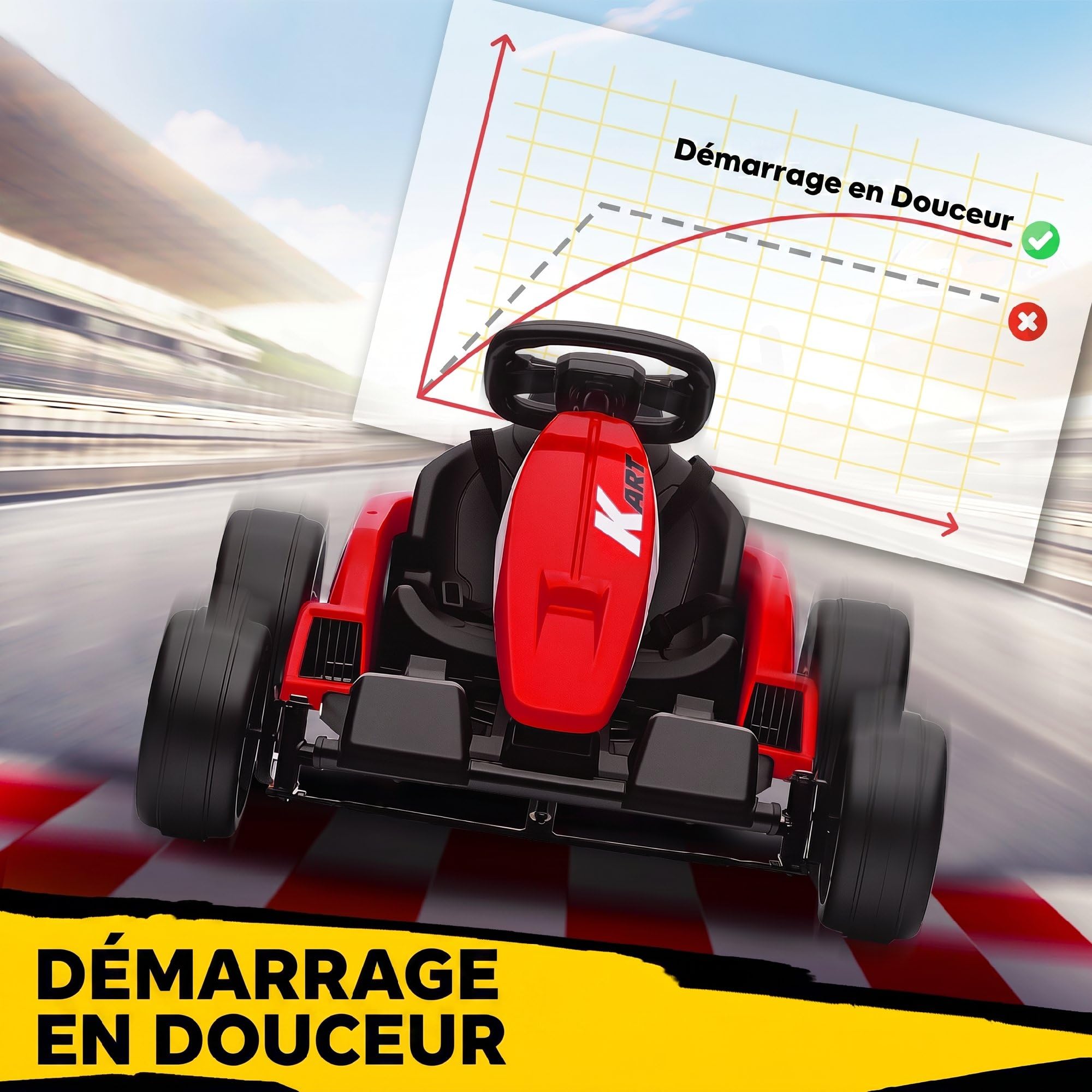 AIYAPLAY, Kart Électrique pour Enfants 24 V, Go Kart, Mode Drift, Rouge | Batterie 24V, Siège Réglable, Moteur 2x150W, Démarrage Progressif, Vitesses 6-18km/h, Harnais de Sécurité, Musique, 6-12 ans