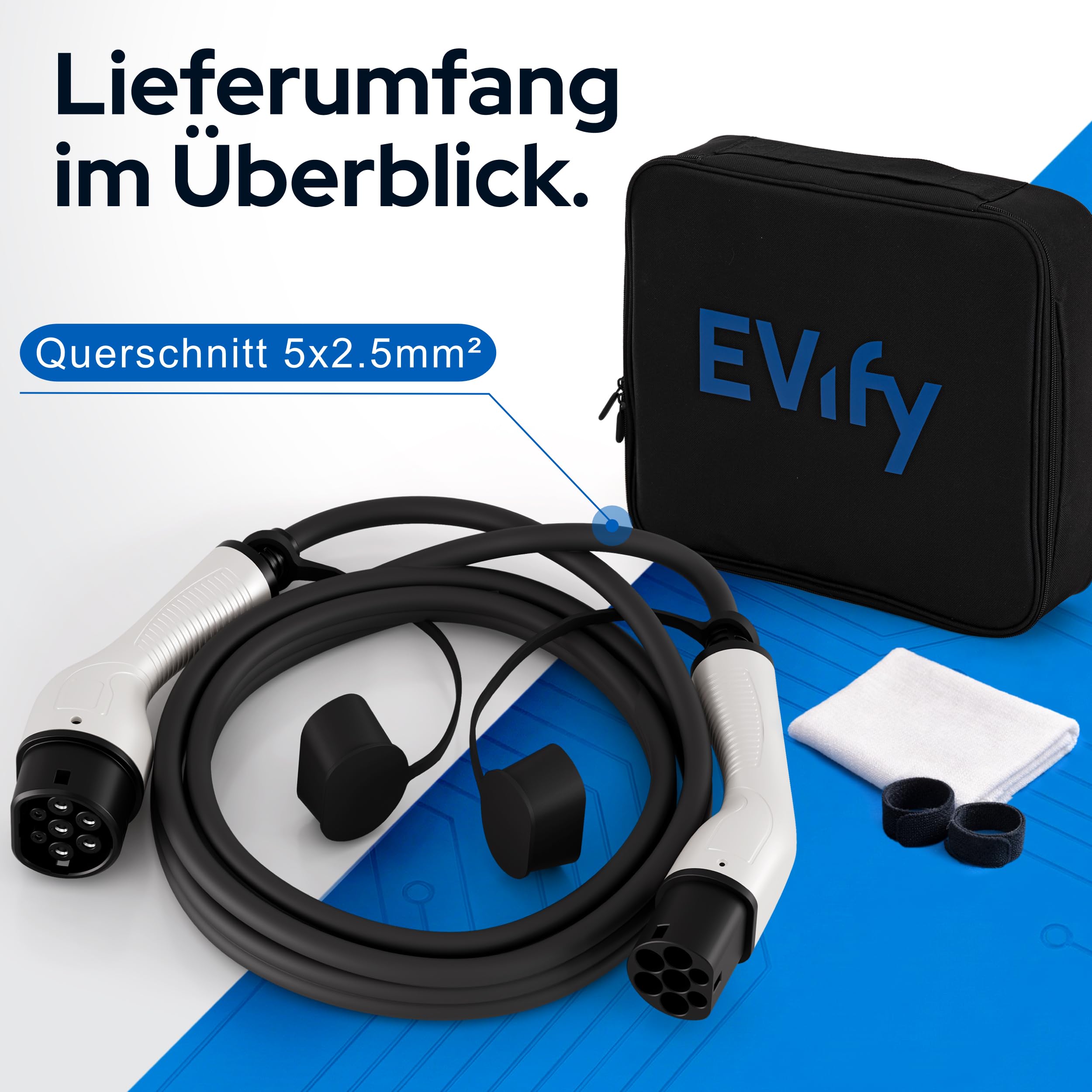 Cable de carga tipo 2, 11 kW, 5 m, 16 A, para coche eléctrico e híbrido, incluye bolsa de cables, cable de 3 fases para EV/PHEV • Cable de carga para coche tipo 2 11 kW • Adecuado para el modelo