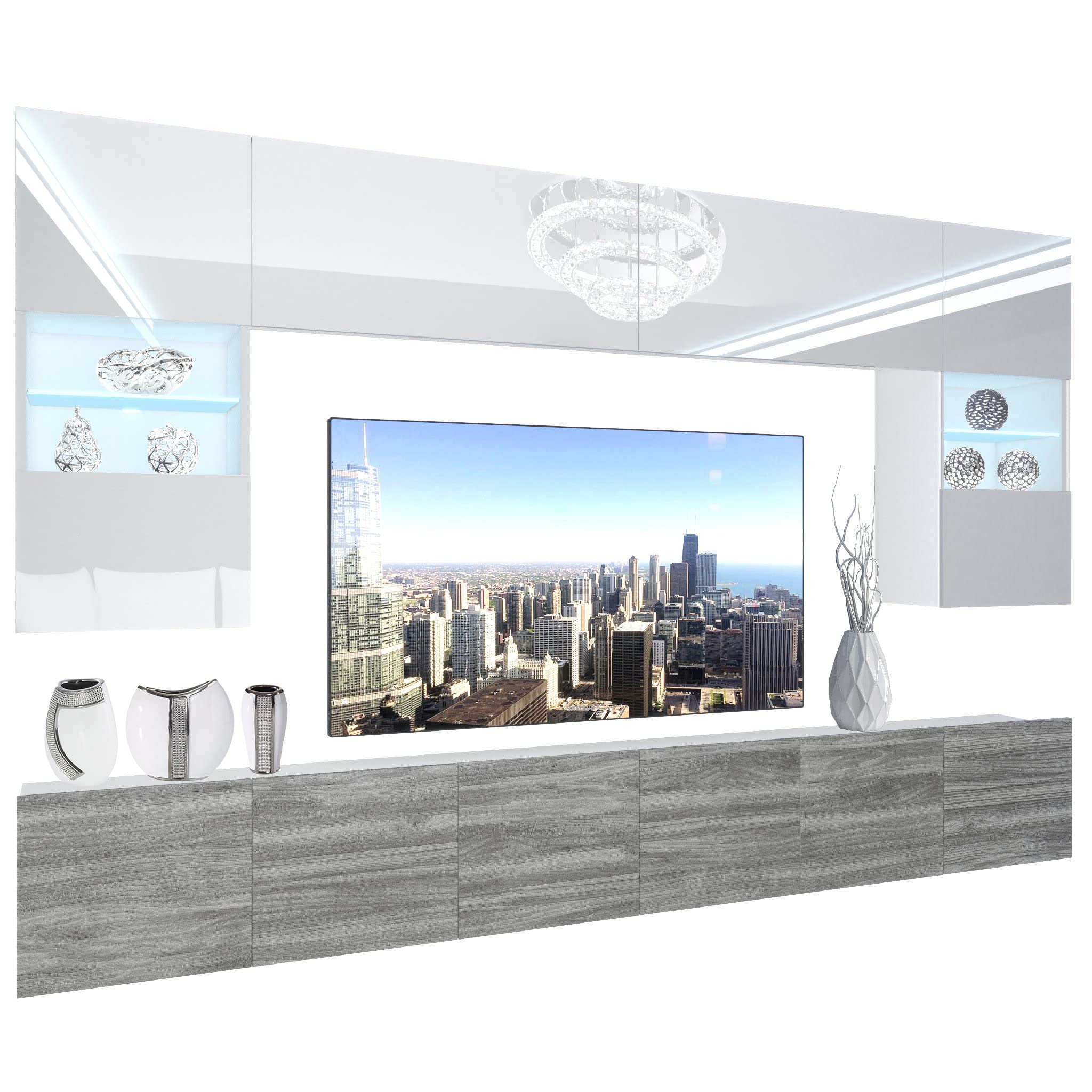 BELINI Wohnwand Vollausstattung Wohnzimmer-Set Moderne Schrankwand mit LED-Beleuchtung Anbauwand TV-Schrank Weiß/Eiche Glamour