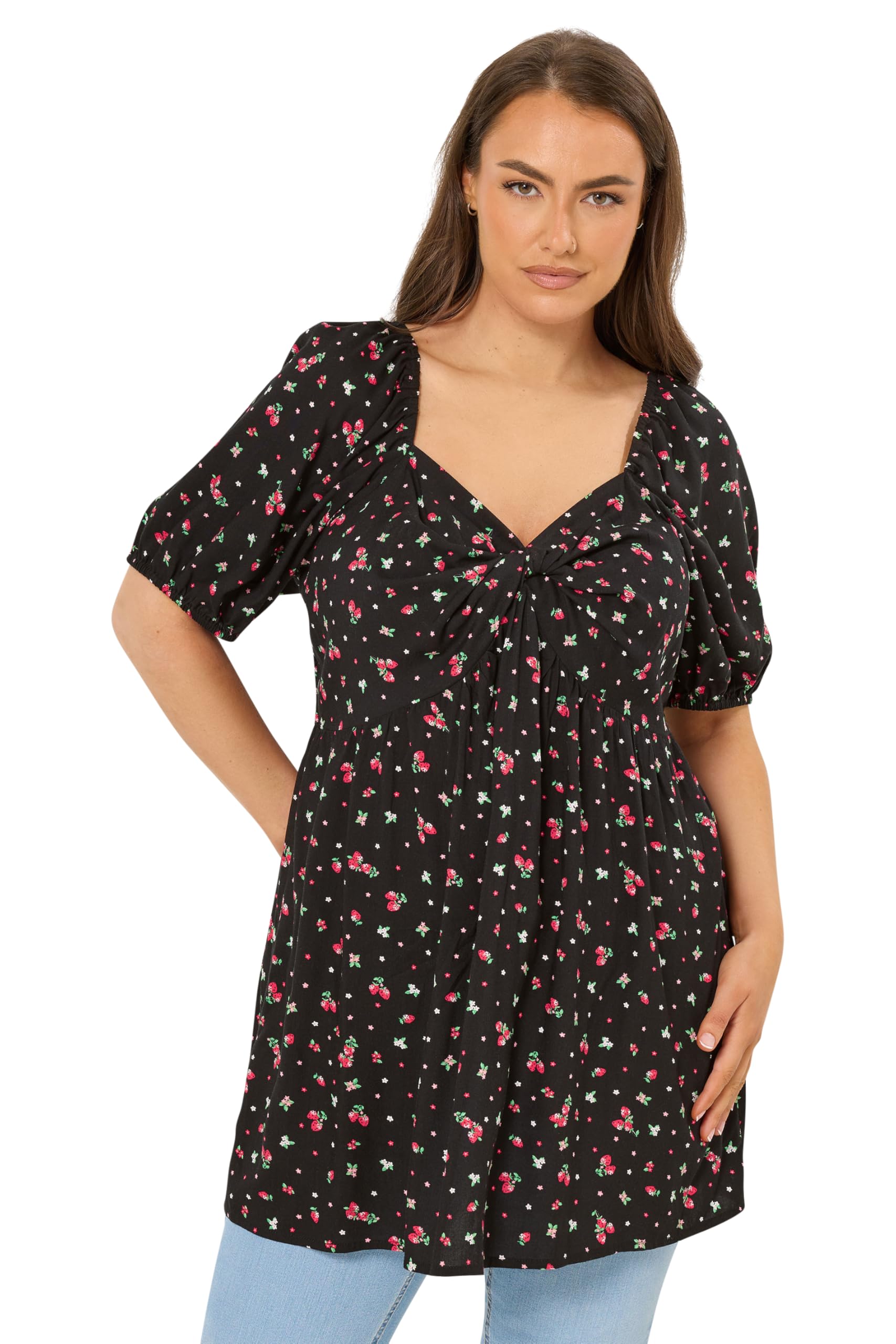 Yours Women's Strawberry Print Twist Front Blouse in Black | Size: 26-28