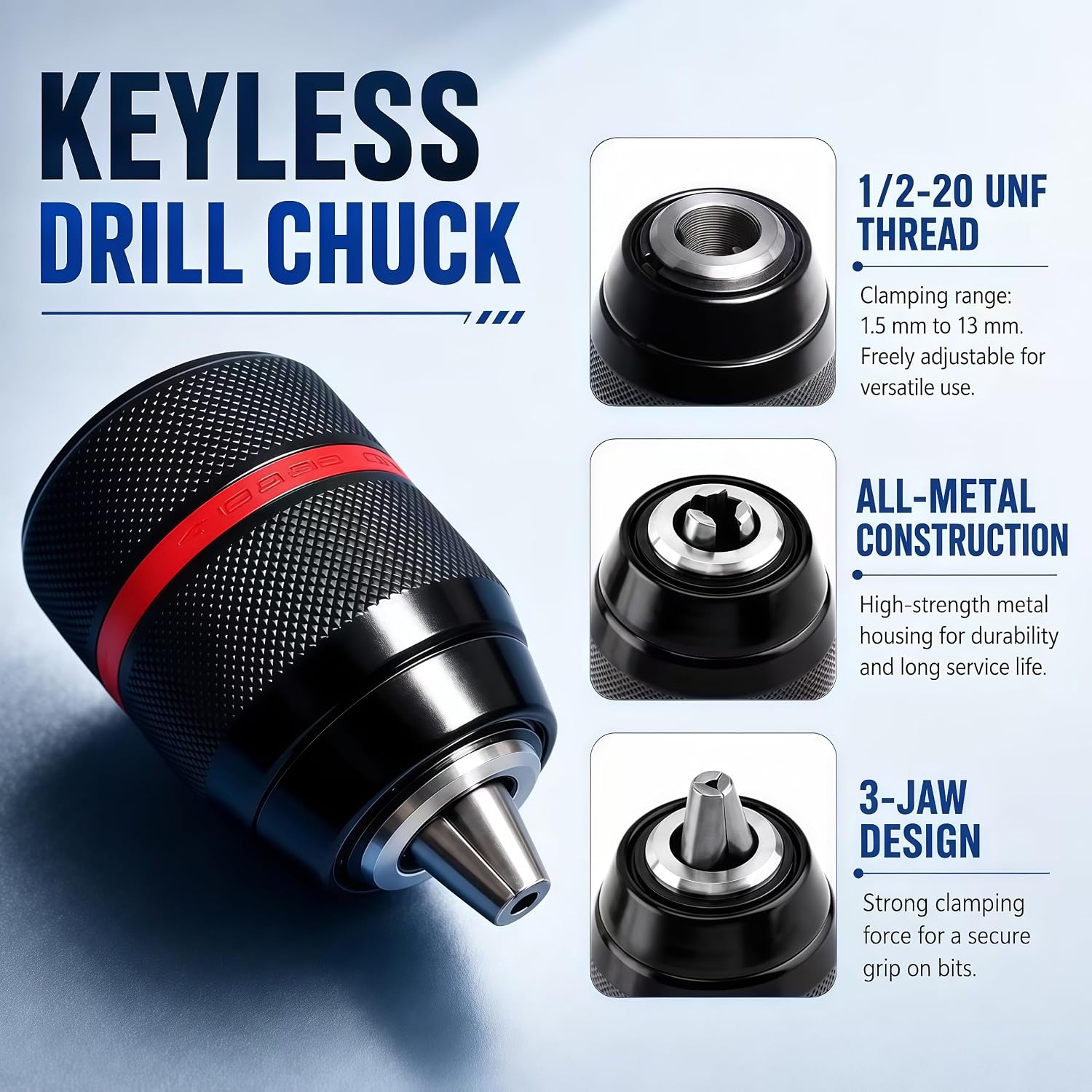1/2-20UNF Keyless Drill Chuck Kit, 1.5-13mm, with 3 Adapters | Self-tightening alloy steel chuck includes 3/8 in SDS Plus, 1/4 in hex and 1/2 in impact wrench adapters