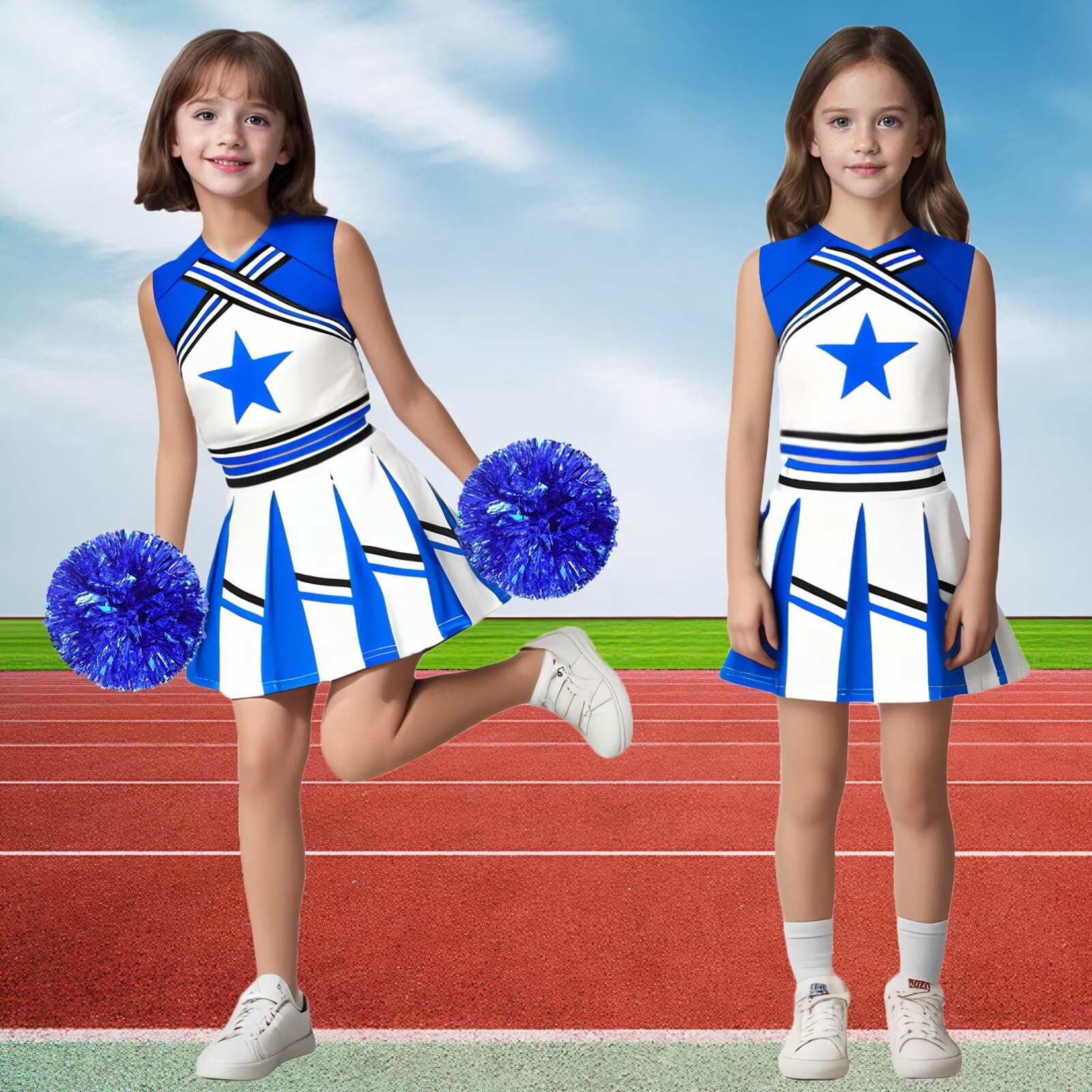 XFOZDM Deguisement Pompom Girl Fille, Deguisement Cheerleader Fille, Uniforme de Pompom Girl Fille avec Pompoms et Chaussettes Robe de Pompom Costume pour Enfant Halloween Carnaval Mascarade - 3