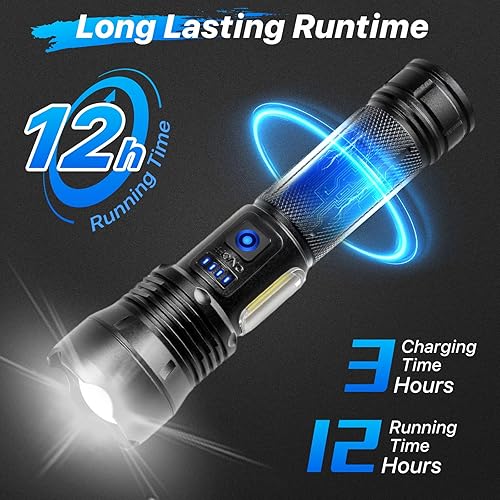 Miniatura 4 de THY TRY Linternas de alto lúmenes, paquete de 2, linternas recargables de 90000 lúmenes altos, linterna LED súper brillante con 7 modos, luz de