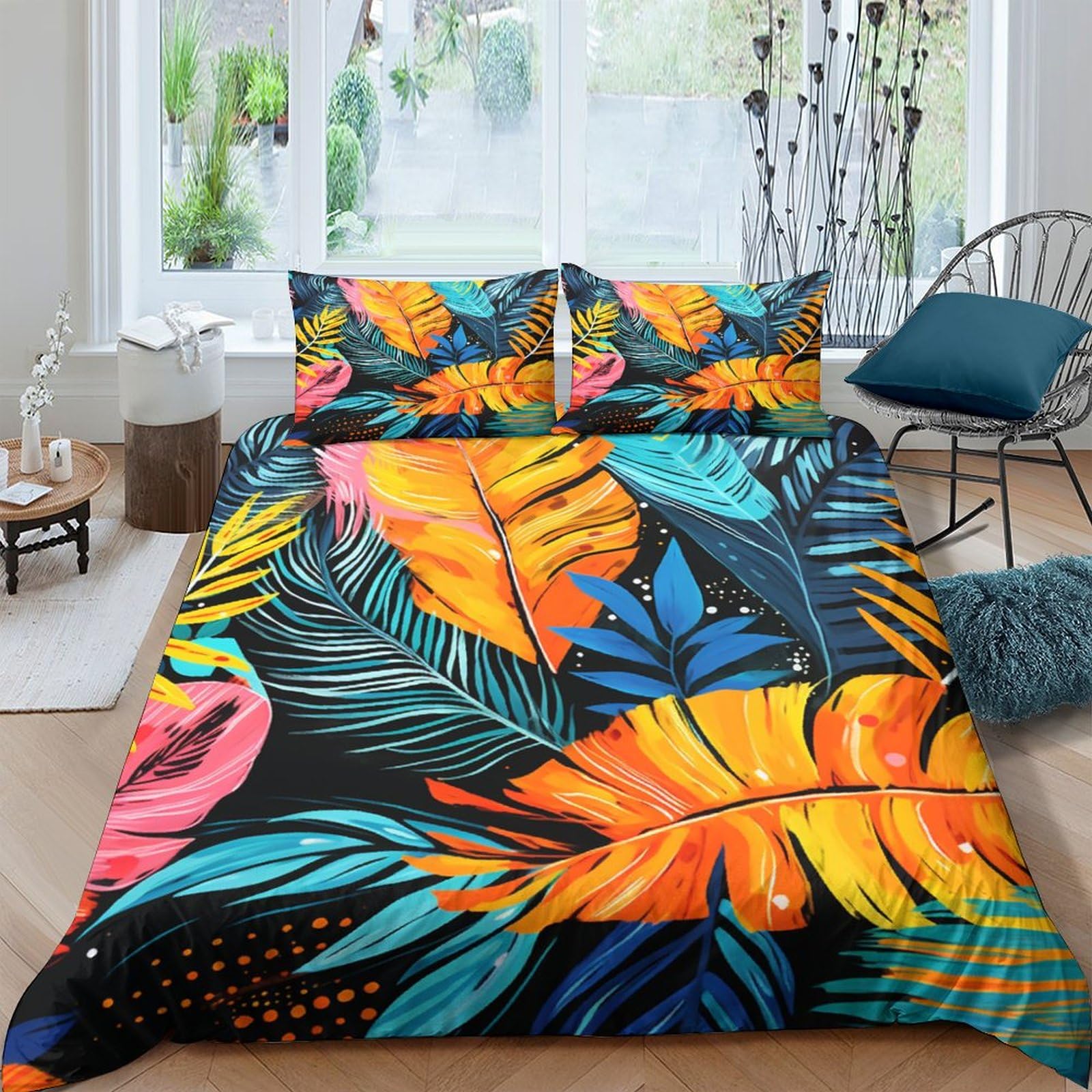 Parure de lit motif feuilles 3D facile d'entretien pour grand lit