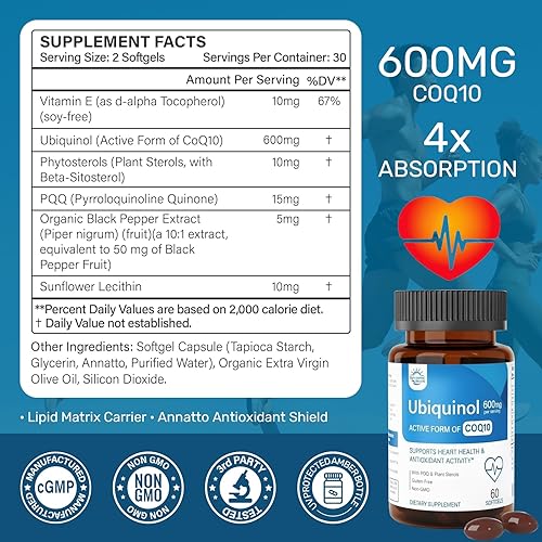 Miniatura 2 de Ubiquinol CoQ10 600mg con PQQ, vitamina E y esteroles vegetales Fórmula de alta absorción con pimienta negra y lecitina de girasol Salud del
