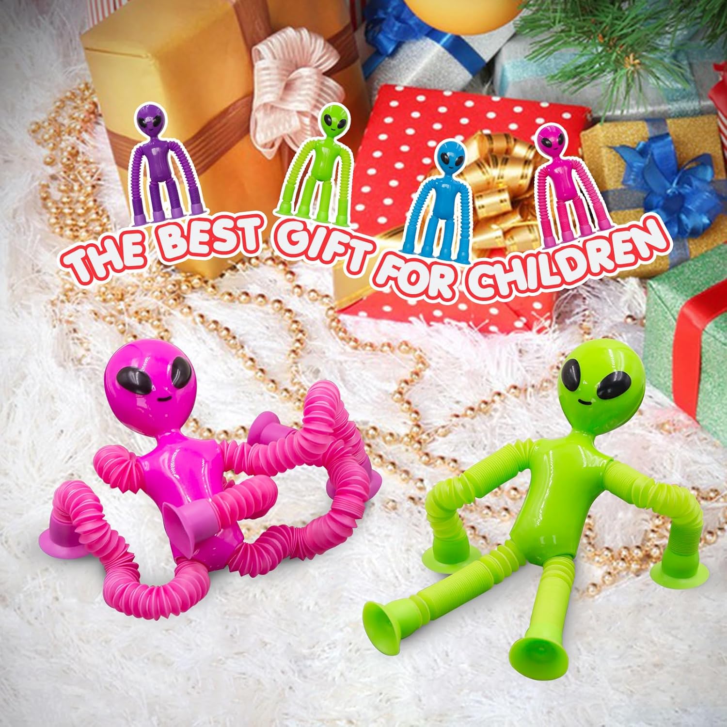 Pop Tubes Alien Fidget Toys for Kids, 4Pack Fidget Toys Telescopic Suction Cup Toy for Stress and Anxiety Relief, Easter Basket Stuffers Gifts for Kids and Toddlers (4 Pack Alien)