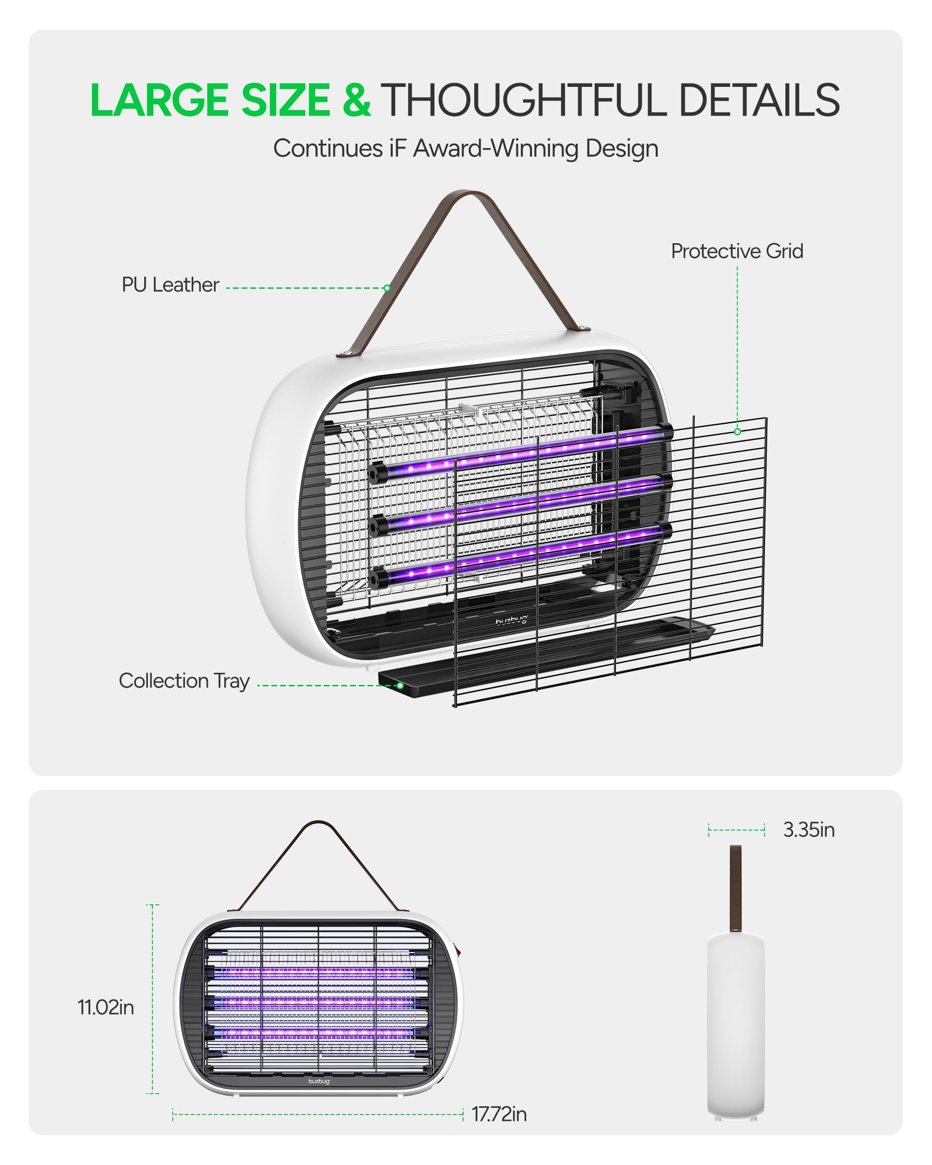 Buzbug Exterminateur Moustiques LED Intérieur - 3800V Puissant, 3 Lampes, Durée De Vie 10 Ans