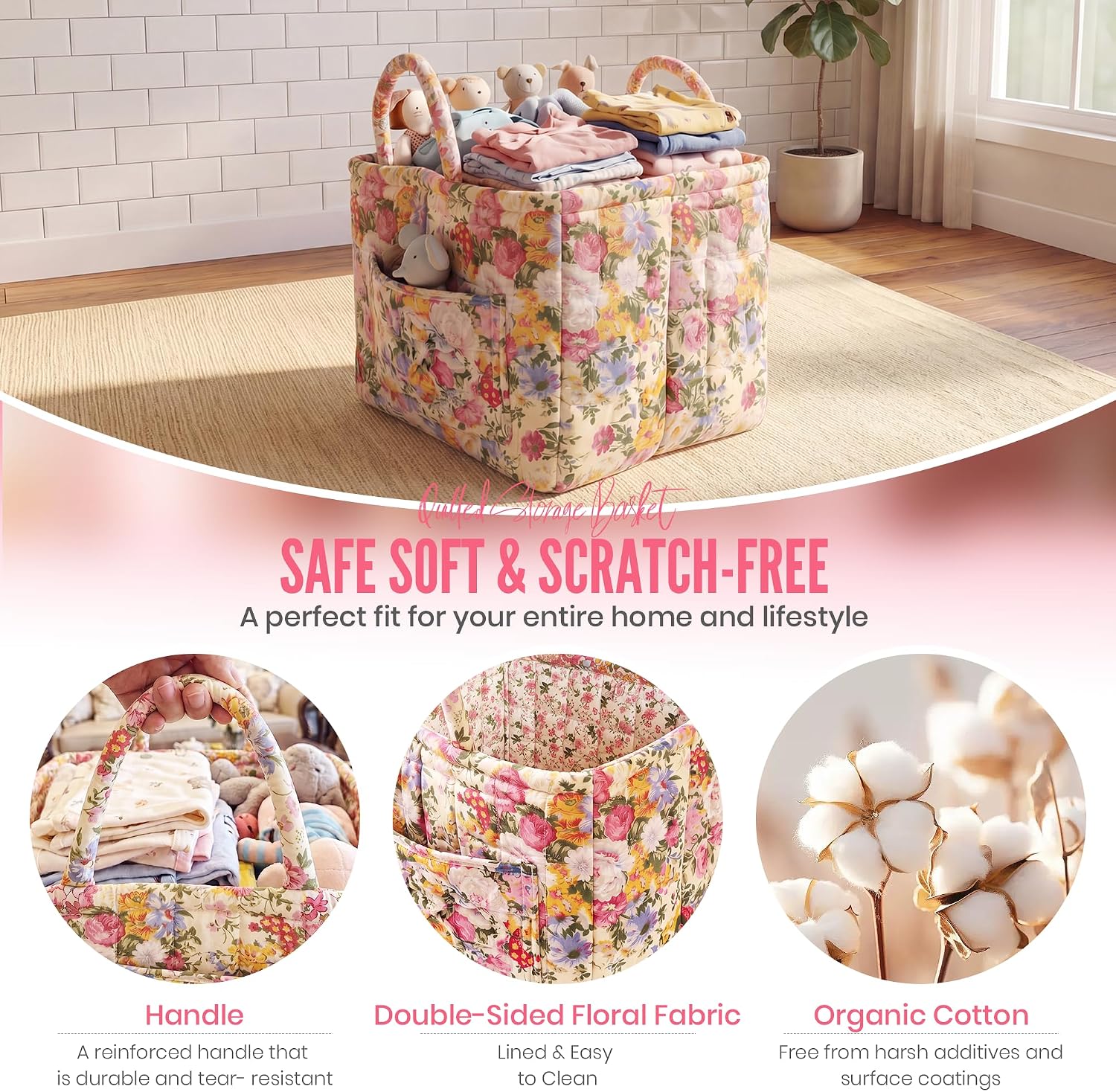 Quilted Laundry Basket with Handles, 1.2cm Thick Padded Fabric Car Storage Basket for Organizing Clothes, Boho Floral Collapsible Home Storage Hamper, 13x10x10.6 Inches (4 Color Options) image 4