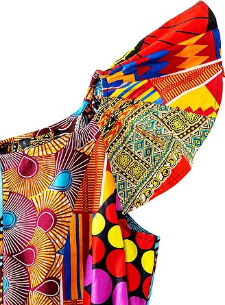 Women's African Patterns Print Cap Sleeve Blouse Tie Waist Flared Tops