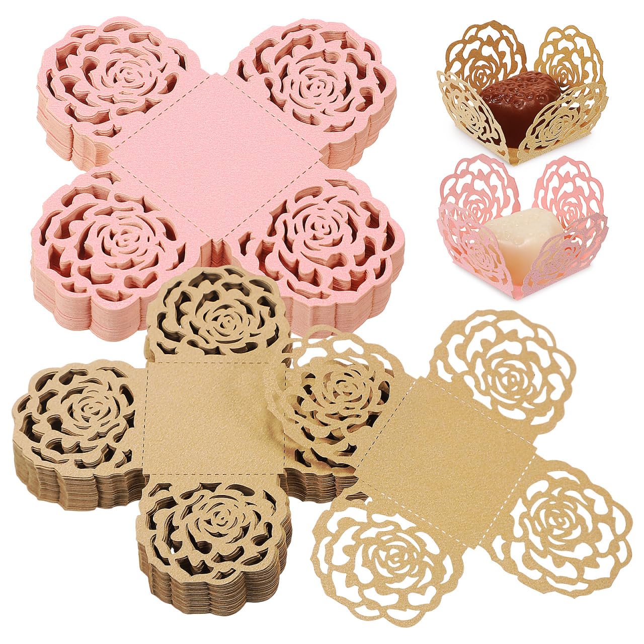 Gadpiparty 100Pcs Chocolate Truffle Wrappers Rose Lace Mini Cupcake Liners Disposable Paper Candy Wrappers for Wedding Birthday Christmas Party Baby Shower Baking Decoration Pink Gold