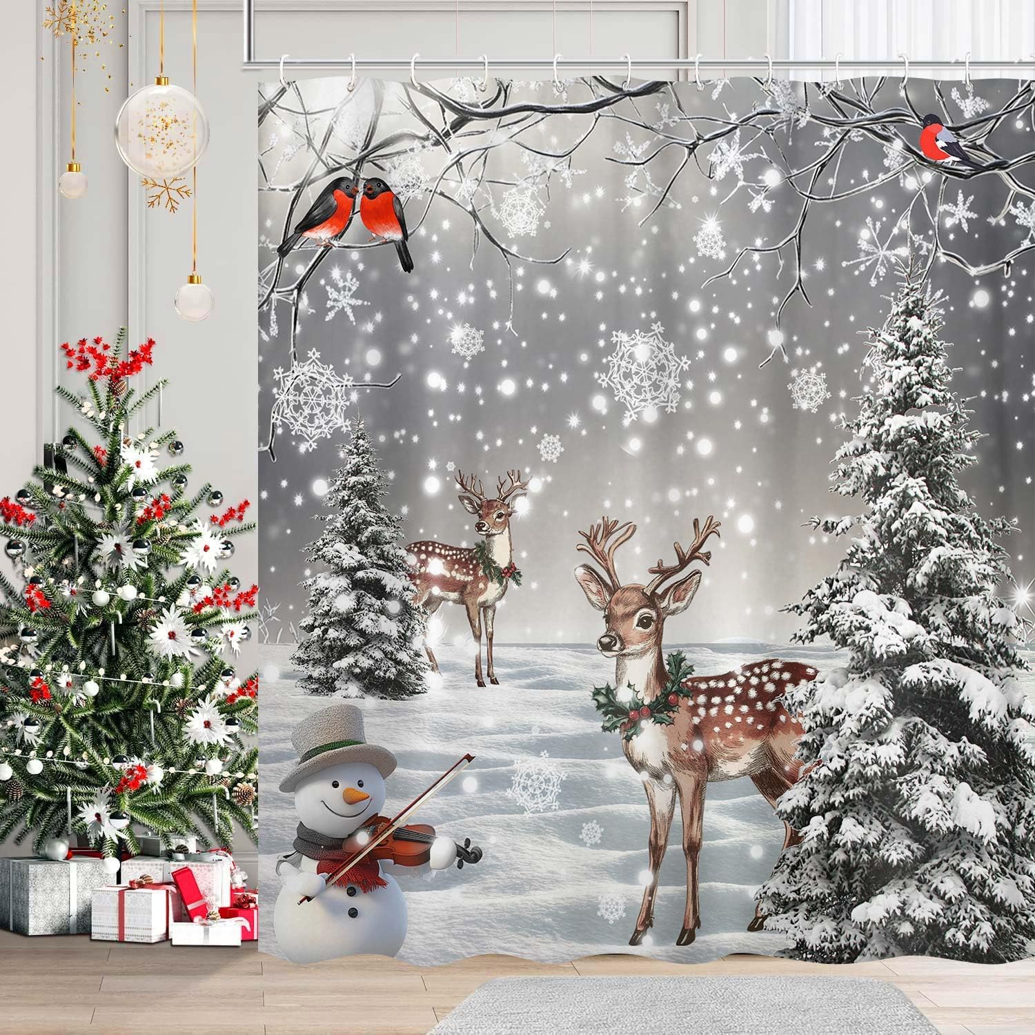 Christmas Deer Shower Curtains for Bathroom, Snowny Winter Grey Gray Christmas Birds Xmas Holiday Bathroom Accessories, Snowflake Gray Fabric Shower Curtain Sets with Hooks, 72x72 inch