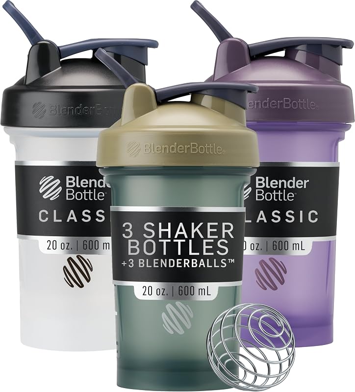 BlenderBottle Classic V2 Shaker Bottle 20 oz Black/Tan&Blue/Purple, 3-Pack