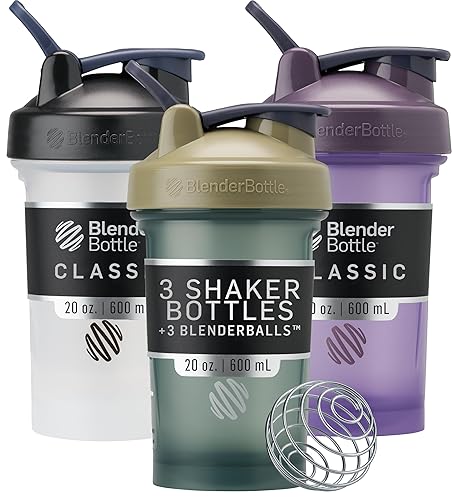 BlenderBottle Classic V2 Shaker Bottle Perfect for Protein Shakes and Pre Workout, 20-Ounce (3 Pack), Black, Tan/Blue, Purple