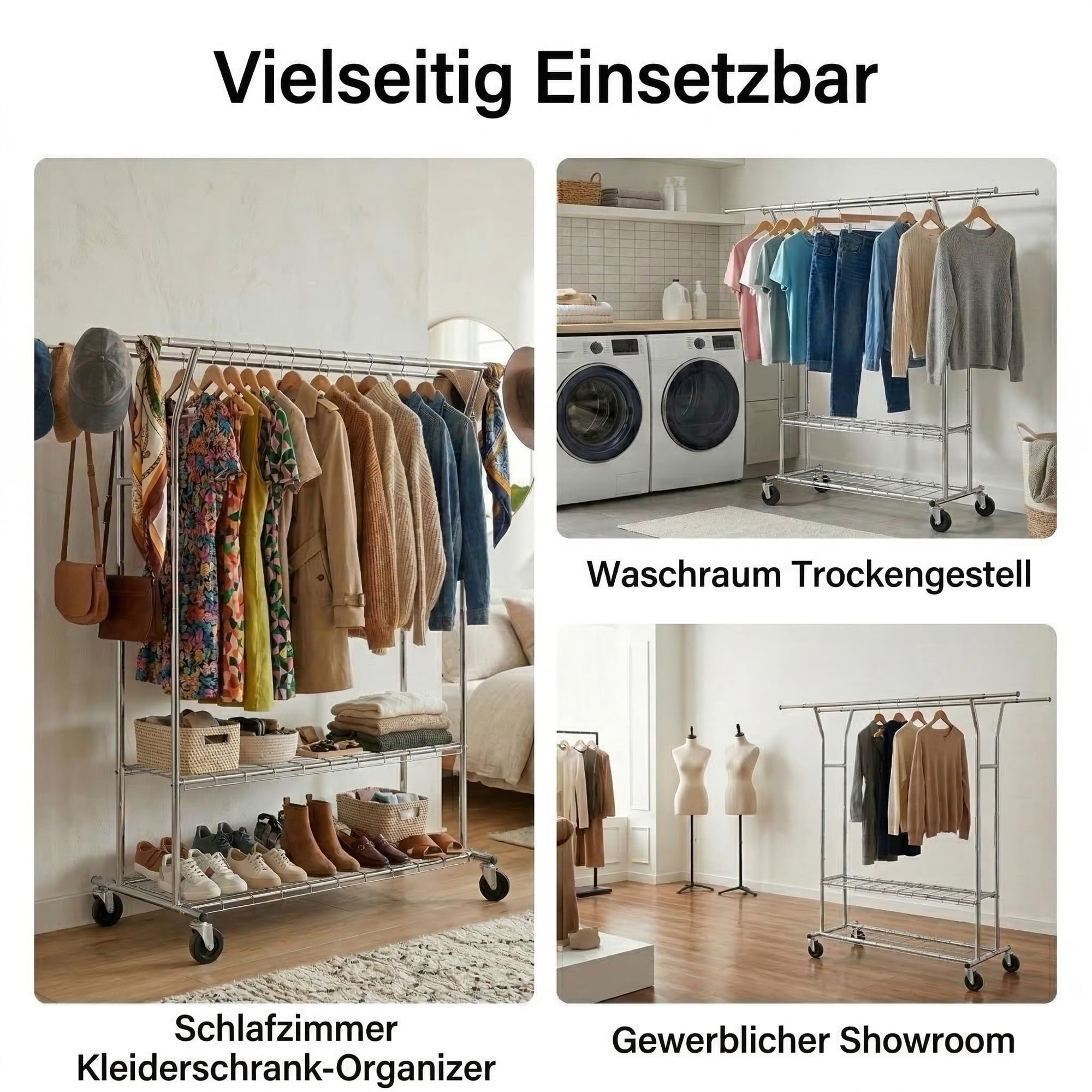 Schwerlast Kleiderständer auf Rollen, Doppelte Kleiderstange bis 150 kg belastbar, Ausziehbar 130-190 cm, Industrie-Design Garderobenständer mit 2 Ablagen, Chrom