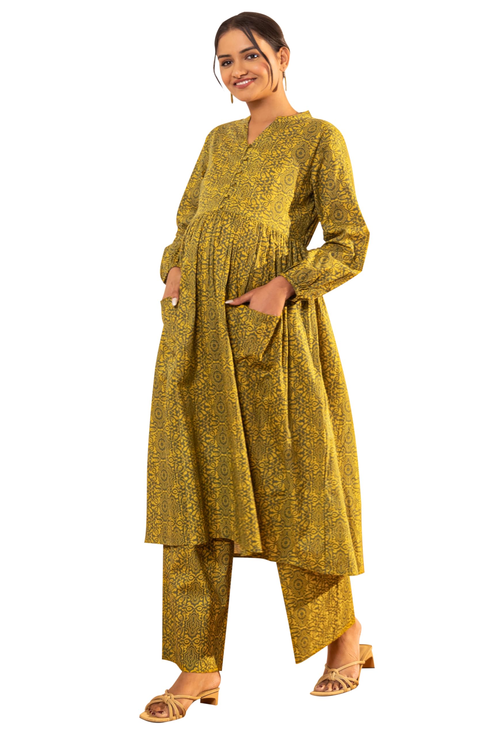 Women's Pure Cotton Ethnic Motifs Printed A-Line Maternity Kurta Set-image-47