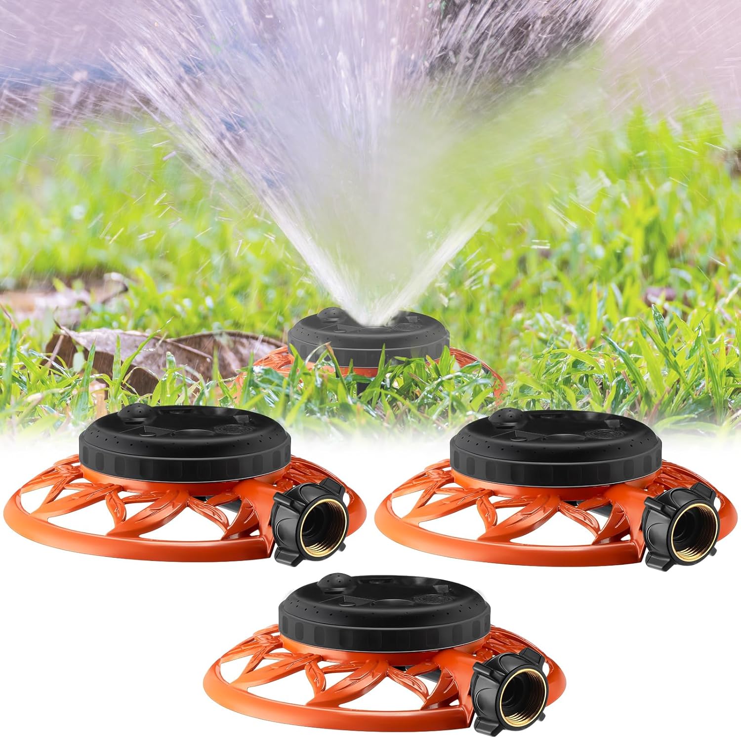 3 Pieces Stationary Water Sprinkler 8 Pattern Reliable Metal Sprinkler Lawn Sprinklers with Heavy Duty Metal Base for Watering Small and Large Yards, Lawns, Garden, Orange Color