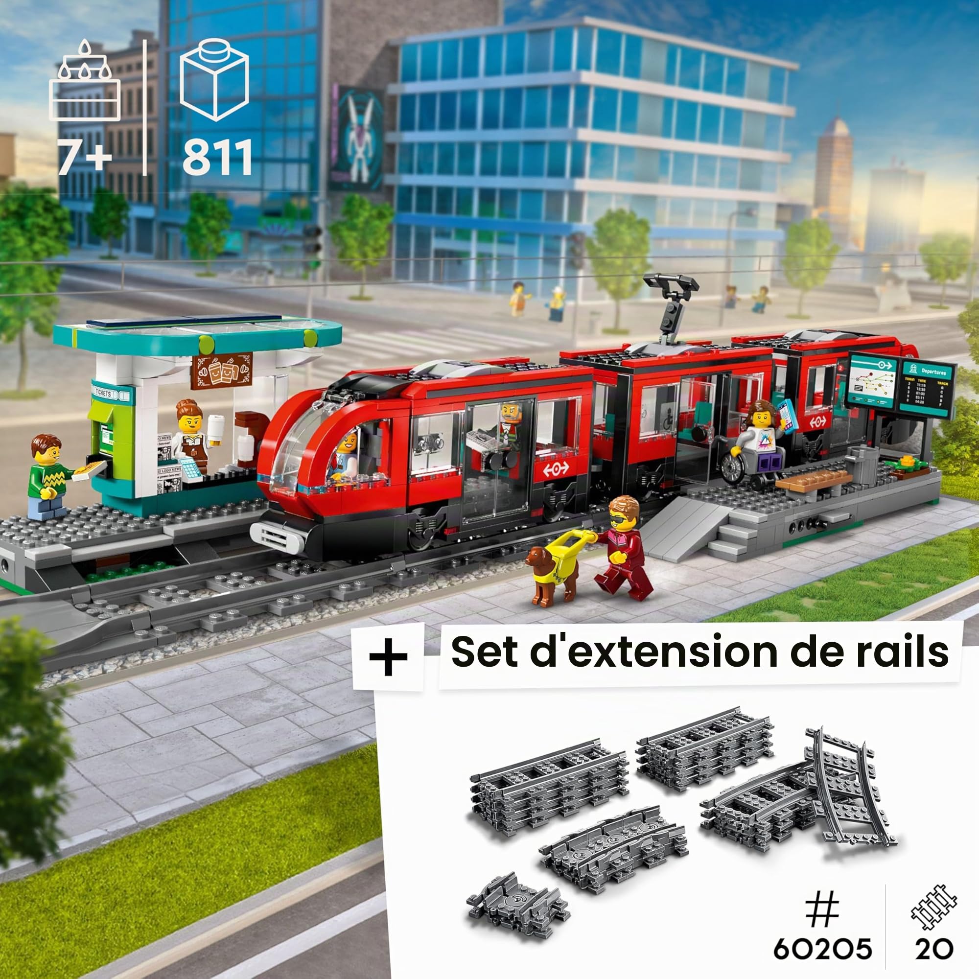 LEGO City Tramway avec arrêt (60423) : extension de rails (60205) - Fait partie des nouveautés 2024, train avec gare et rails