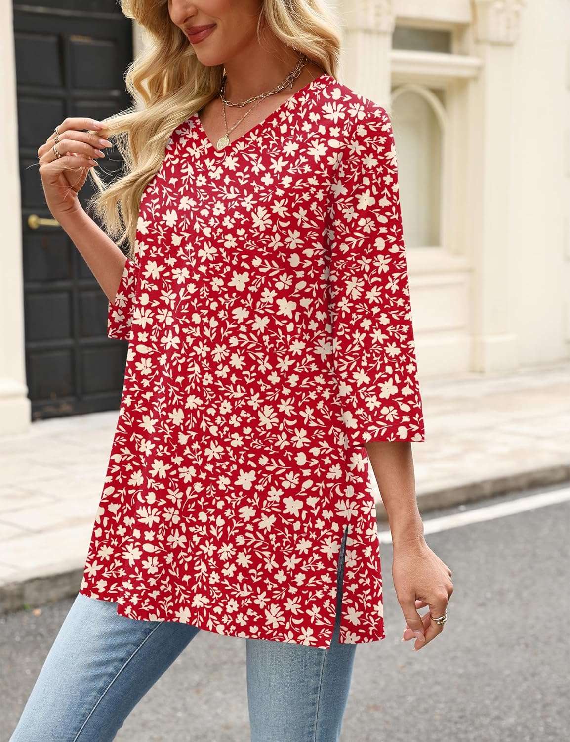 AKEWEI Womens Blouses Casual 3/4 Sleeve Tops for Women V Neck Tunics to Wear with Leggings Swing Flare - Image 5