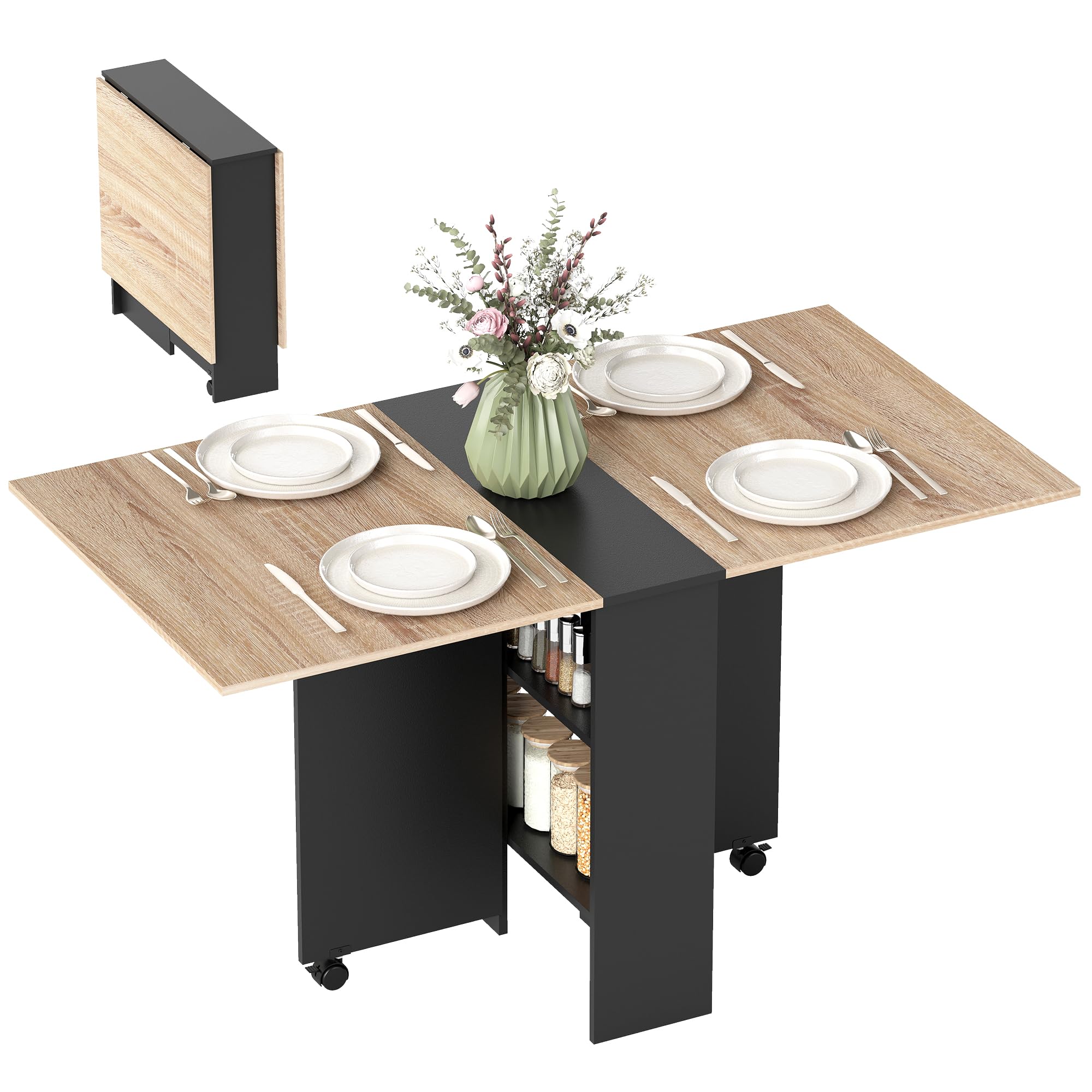 HOMCOM Folding Dining Table Folding Kitchen Table with Wheels Folding Wings and Shelves for 4-6 People 75 x 140 x 74 cm Natural and Black