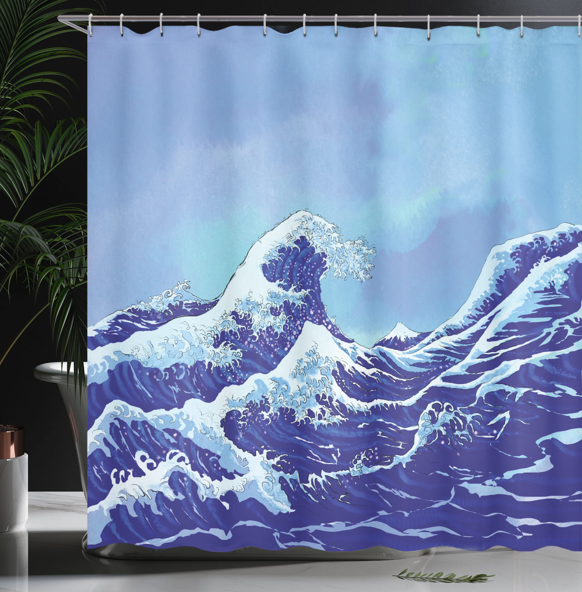ABAKUHAUS Kanagawa Shower Curtain, Big Tsunami in the Ocean Blue Sky Japanese Nature Sea Waves Art - Image 3