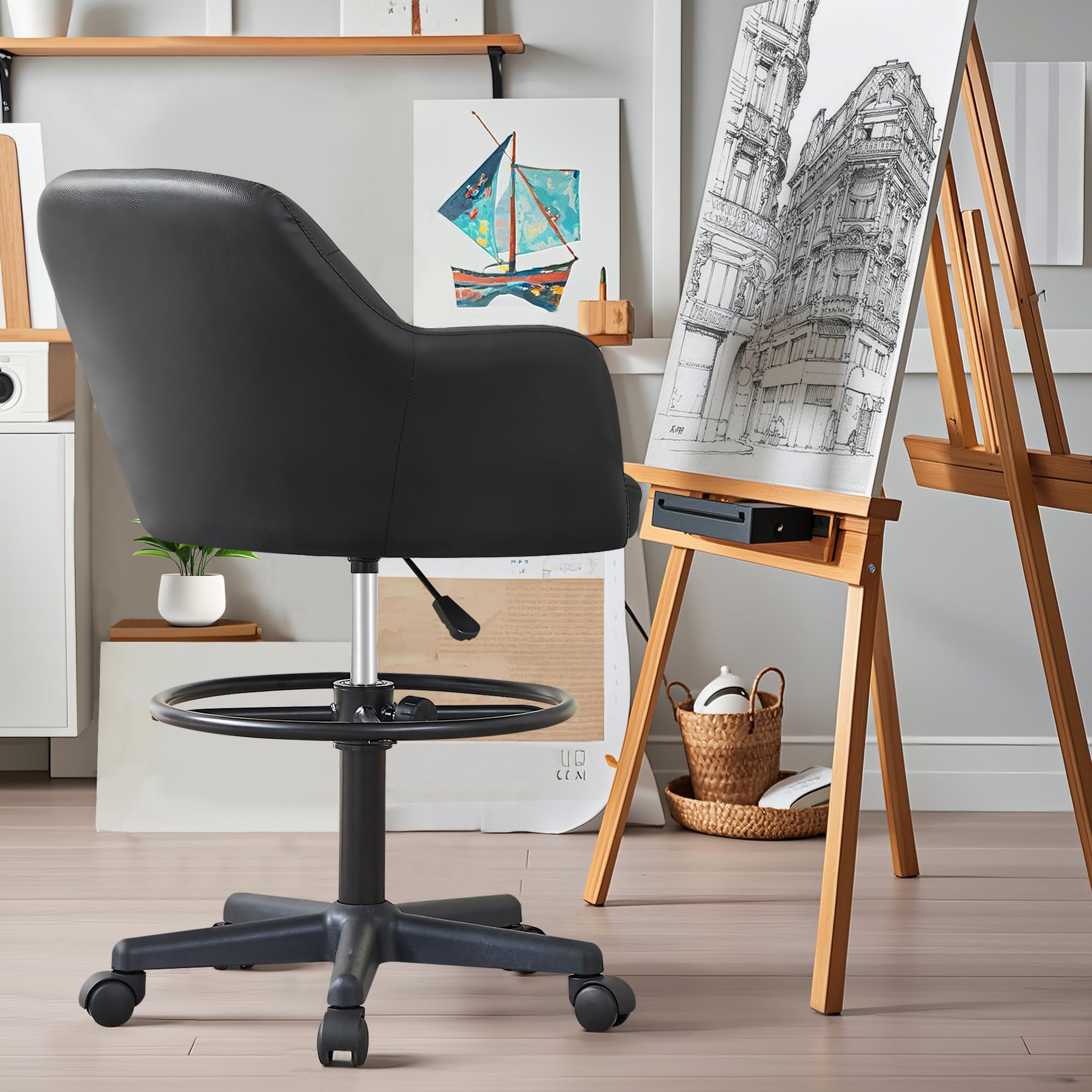 VECELO Drafting Chair with Height-Adjustable, Lumbar Support and Footrest, for Standing Desk Bedroom Vanity Office Living Computer Room