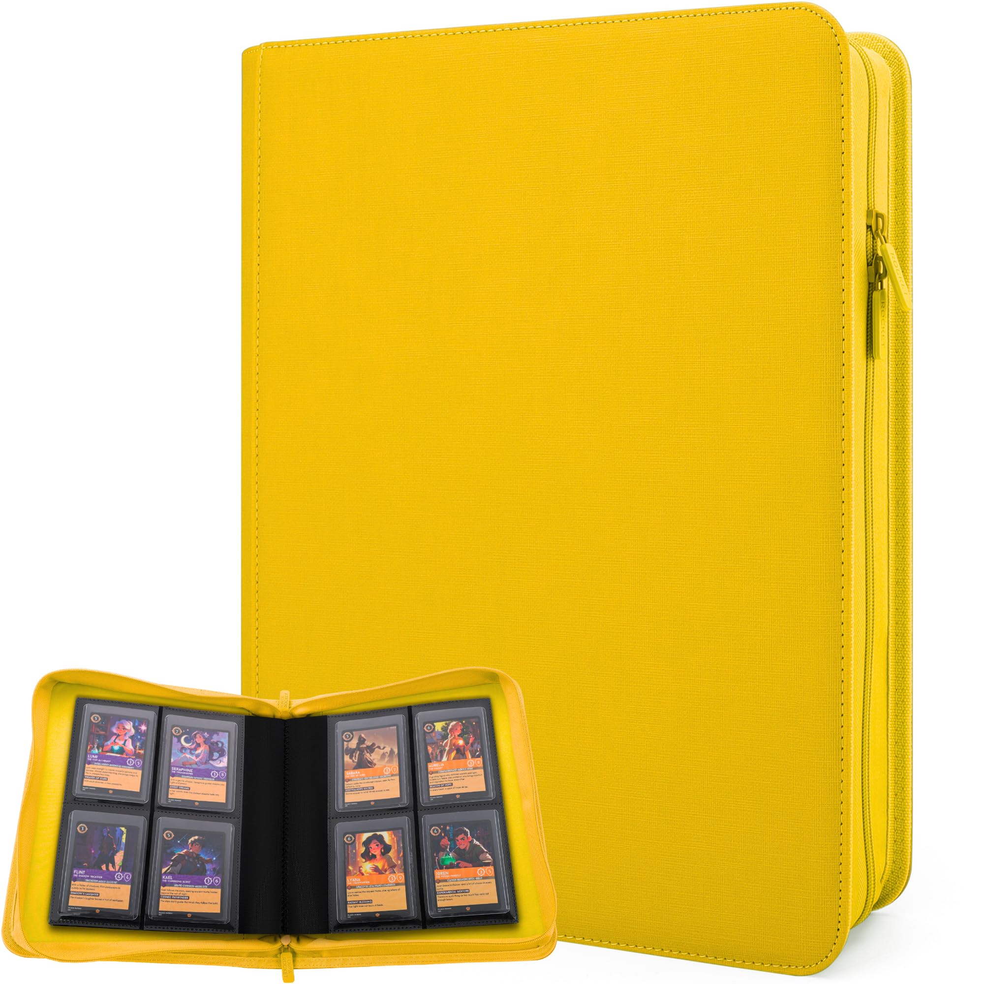 FORZAROCKET 4-Pocket Small Binder for Toploaders - Holds 144 Top Loaders, Ringless, Waterproof PU Leather, for Sports & Trading Cards (Yellow)