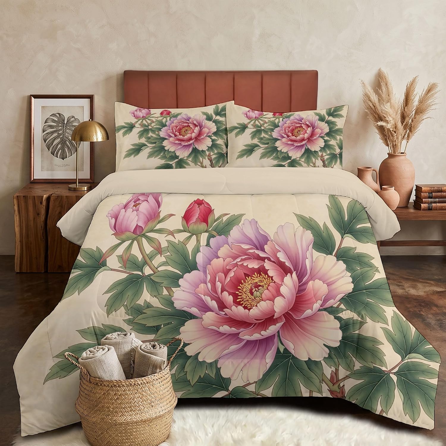Traditional Flowers Quilt Set King 3 Pieces, Pink Quilts Bedding Set Blooming Peonies Bedspread Bed Cover Lightweight Spring Summer Beds Coverlet for All Season - 104"X90"
