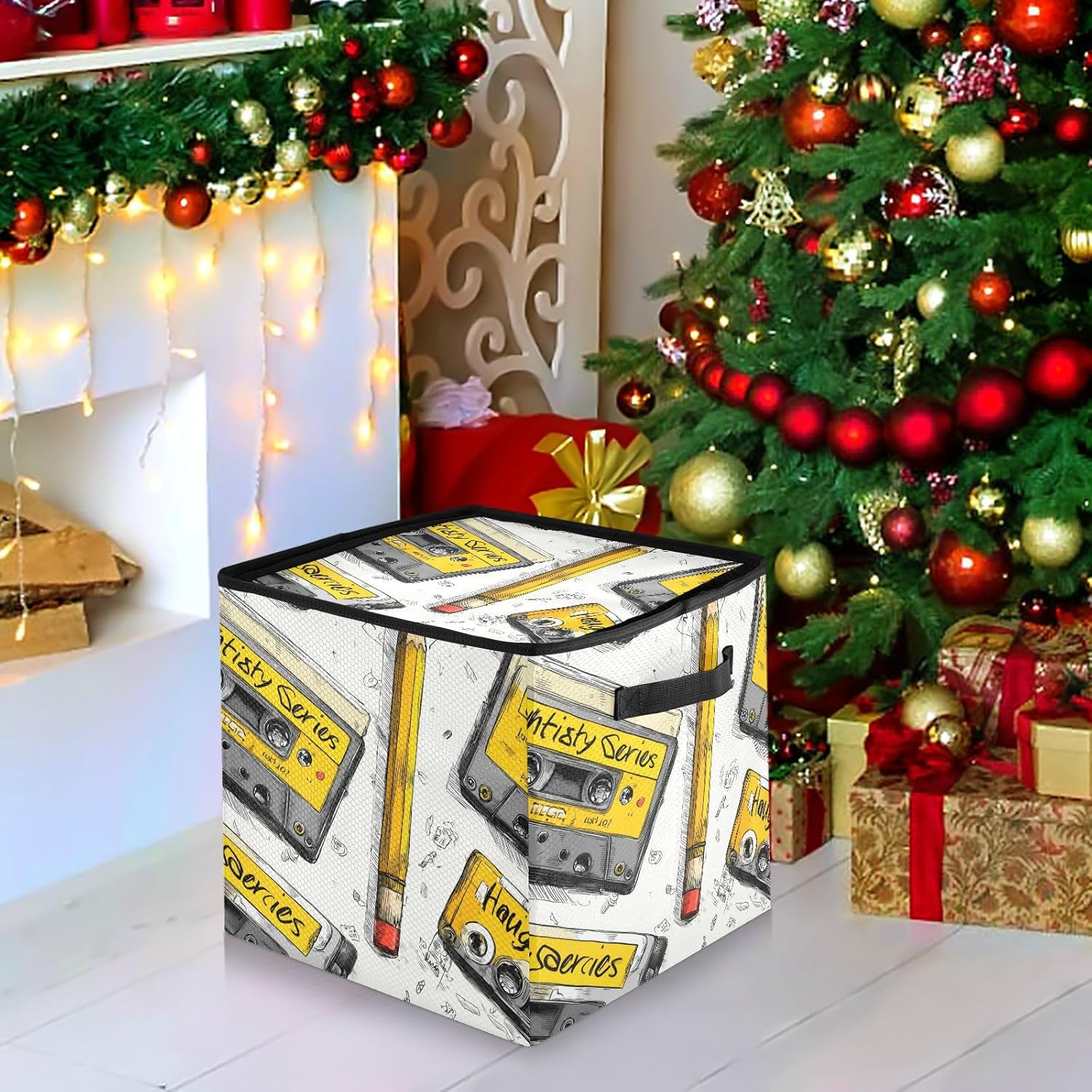 OTVEE Christmas Ornament Storage Box Holiday Decoration Organizer Stores upto 64 Holiday Ornaments Adjustable Dividers Tear-Proof Fabric Nostalgic Cassette Tape Decor