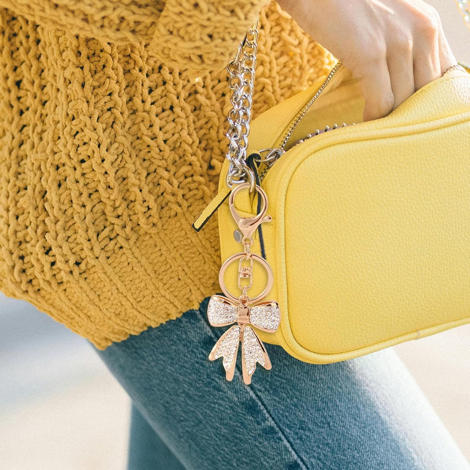 Rhinestone Bow Keychains for Women, Gold Elegant Bow Bag Charm Sparkly Bowknot Keyring for Purse Handbag Car Keys - Image 7