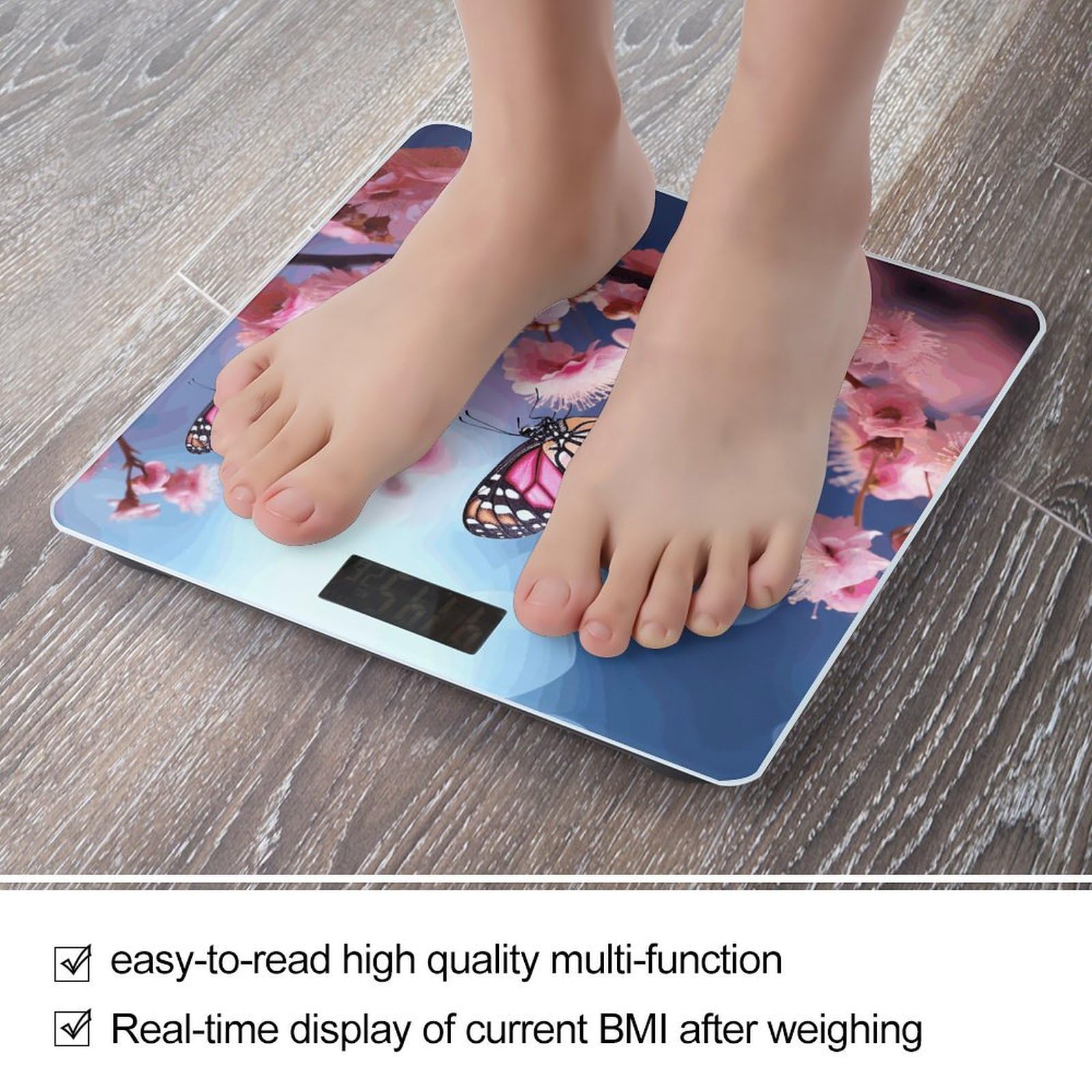 Bilancia digitale da bagno con fiori rosa e farfalle, bilancia digitale ad alta precisione, con display LCD trasparente BMI e misure step-on, peso fino a 180 kg
