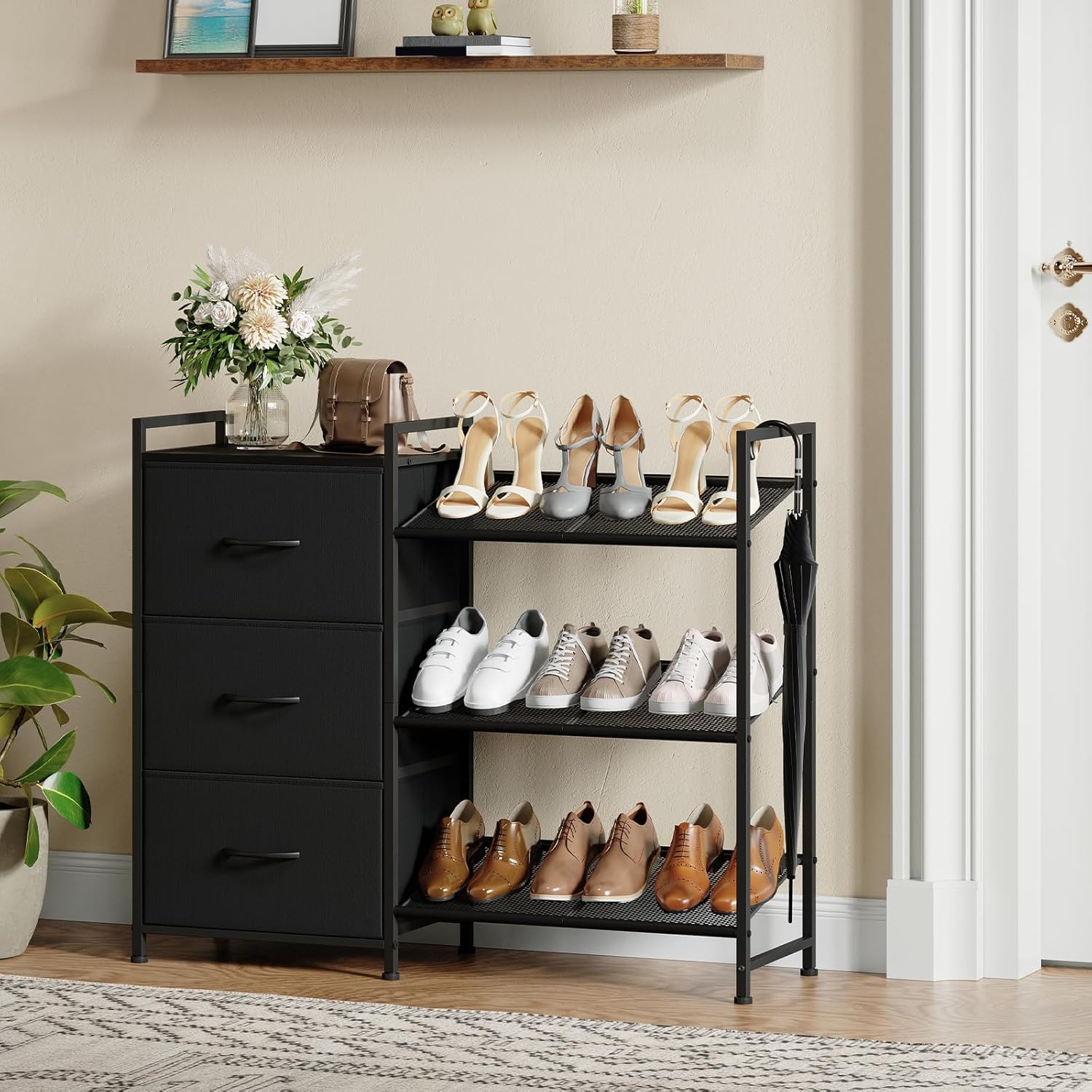 Somdot Shoe Rack, 3 Tier Shoe Organizer with 3 Drawers, Metal Shoe Storage Shelf for 6-9 Pairs of Shoes with Fabric Shelves and Wooden Top, Narrow Shoe Rack for Entryway, Black