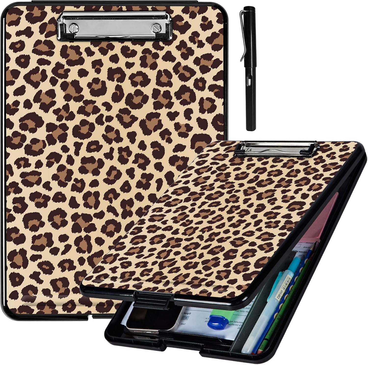 Clipboard with Storage,Plastic Storage Clipboard with Low Profile Clip,Nursing Clipboards with Storage with Pen Holder,for School,Office Supplies,Women, Man,with a Pencil,Leopard Print