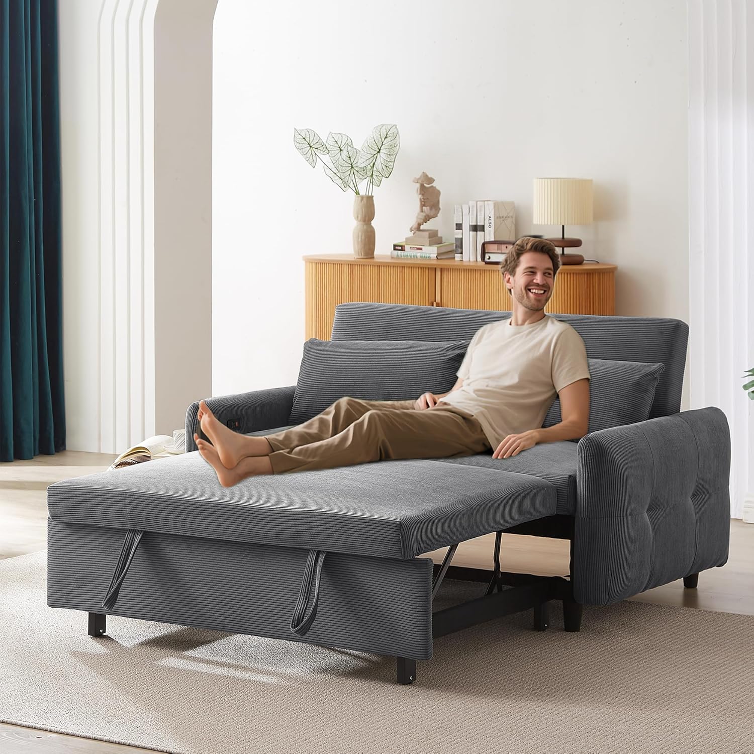 57" Corduroy Convertible Sofa Bed with Pull-Out Bed, 3 in 1 Sleeper Couch with Adjustable Backrest, Sleeper Bed with USB Ports for Living Room Apartment, Dark Grey