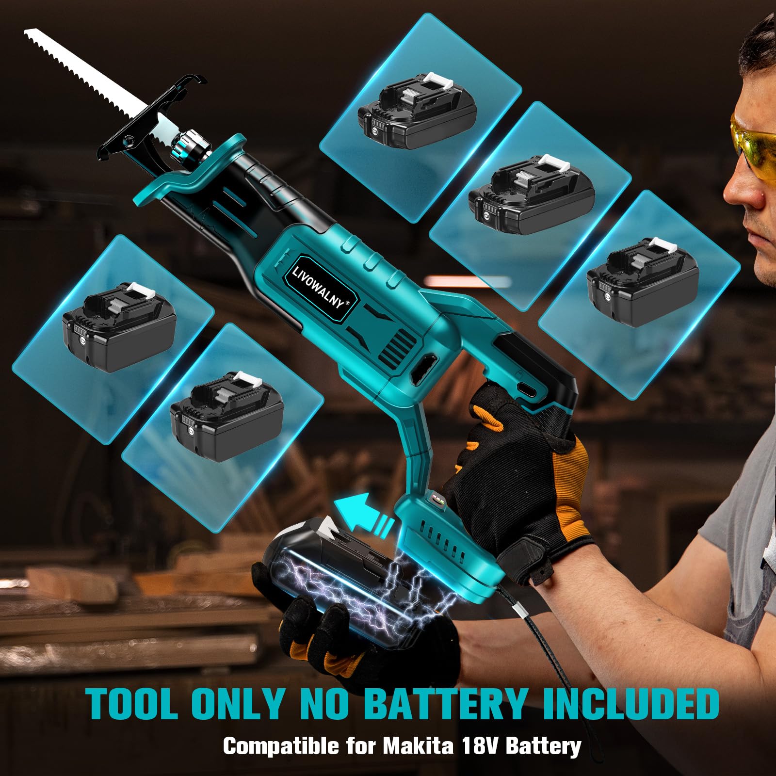 LIVOWALNY Akku Säbelsäge Kompatibel mit Makita 18V (Ohne Akku) - Reciprosäge Bürstenlos Motor 3200 SPM, 3 variable Geschwindigkeiten mit 4 Sägeblätter für Metall/Holz/PVC (Blau)