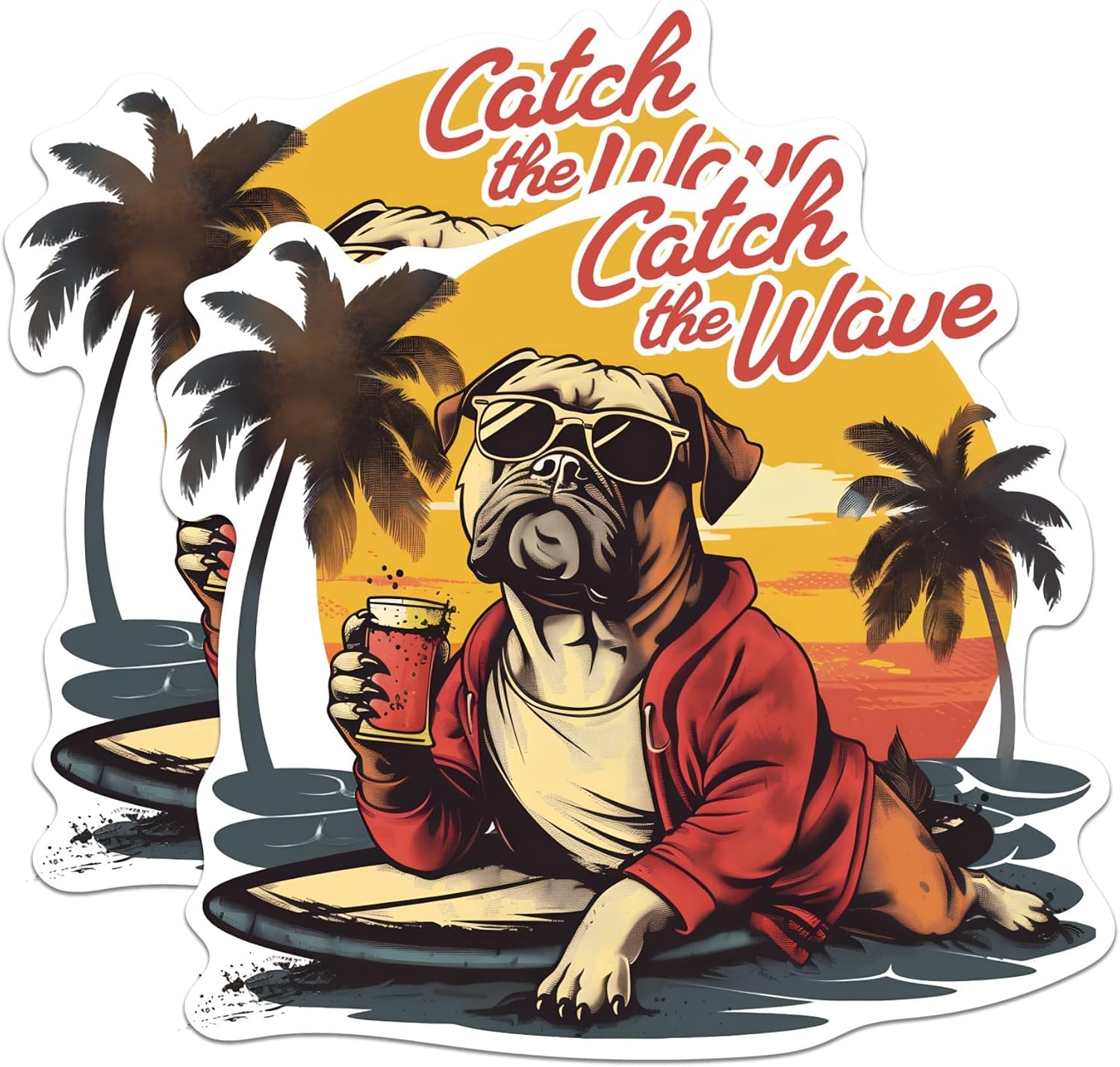 (2 Pack) Catch The Wave Magnets - Surfer Surfing - Dog Riding Surfboard Magnet - 5" On Longest Side - Premium Magnet - for Cars, Refrigerators, Toolboxes, Lockers- Made in USA - MAG0739