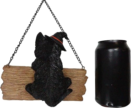 Miniatura 5 de Ebros Adorable gatito negro realista con sombrero de bruja sosteniendo Happy Halloween tablón letrero rama pared colgante figura Halloween brujas