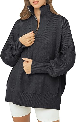ANRABESS Women's Oversized Sweater 2023 Fall Long Sleeve Quarter Zipper Collar Drop Shoulder Slouchy Pullover Tops