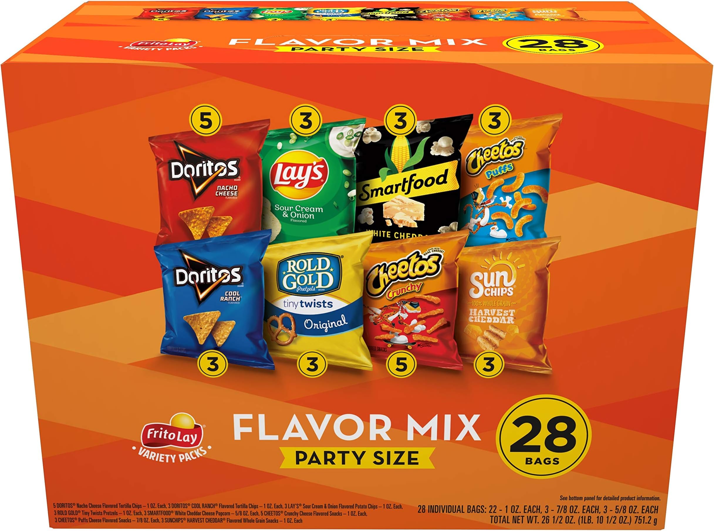 Frito-Lay Snacks Flavor Mix Chips Variety Pack, Doritos, Cheetos, Lay's, SunChips, Rold Gold Pretzels, Smartfood Popcorn, 28 Count(Pack of 1)