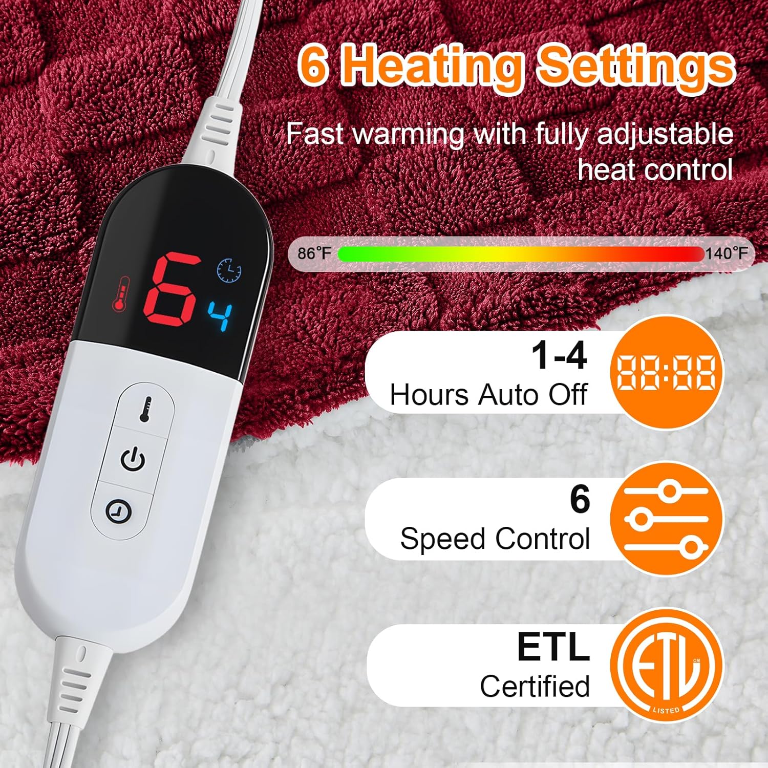 Electric Heated Throw Blanket - Jacquard Checkered Sherpa 50"x60" Fast Heating Bed Blankets with 6 Heating Levels & 4 Hours Auto Off, Over-Heat Protection ETL, Red