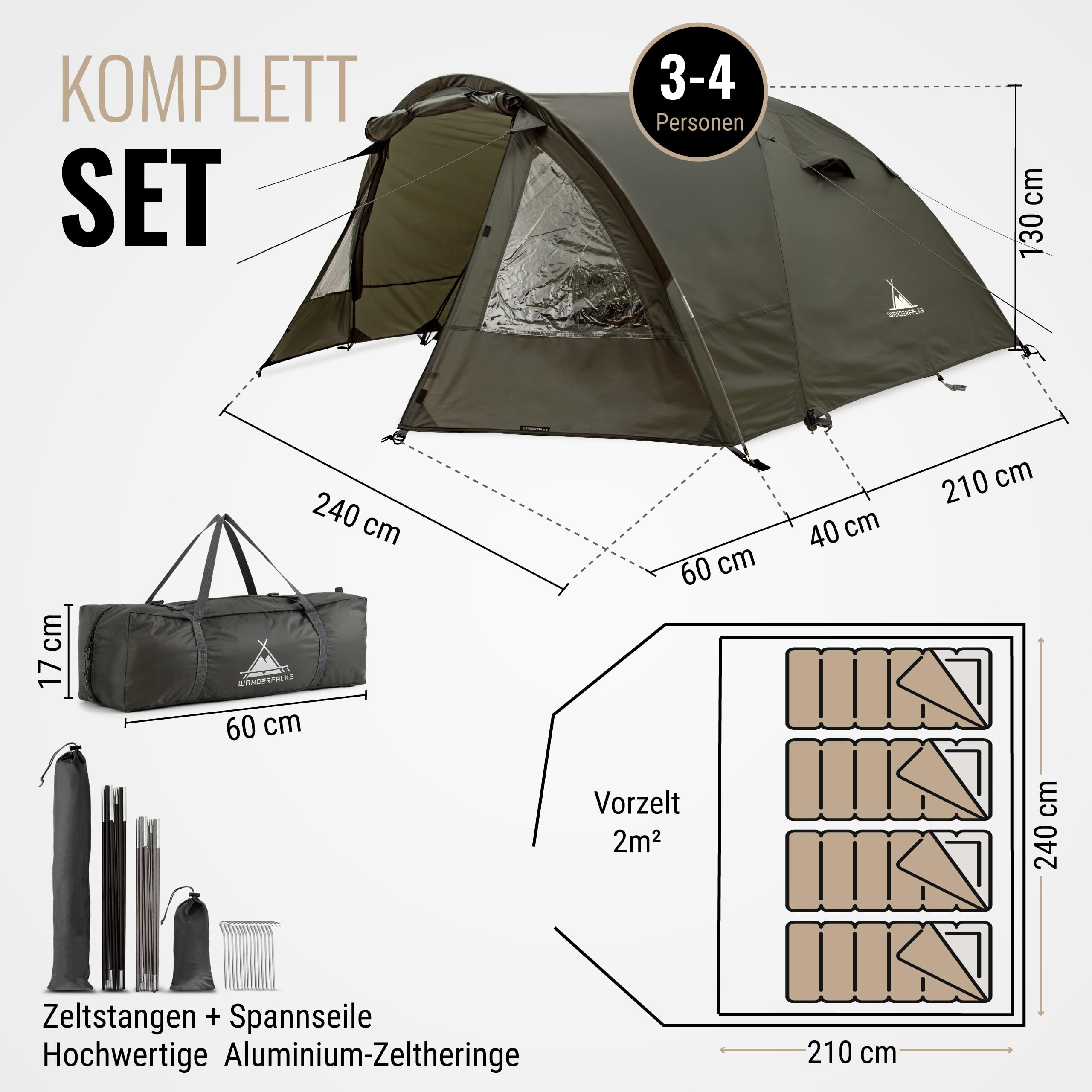 WANDERFALKE® Zelt 2-4 Personen wasserdicht 4.000mm, doppelwandig, leicht & kleines Packmaß, 2-4 Mann Zelt, Campingzelt mit Vorzelt, Familienzelt, Outdoor Zelte für Camping, Reise, Angeln