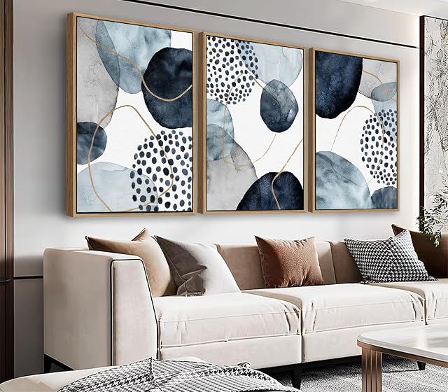 NINEASO Abstract Geometric Framed Wall Art – Deep Blue and Brown Minimalist Canvas Pictures Indigo Shapes Painting Artwork for Living Room, Office & Home Wall Decor 60 x 40cm * 3, Natural Wood Frame
