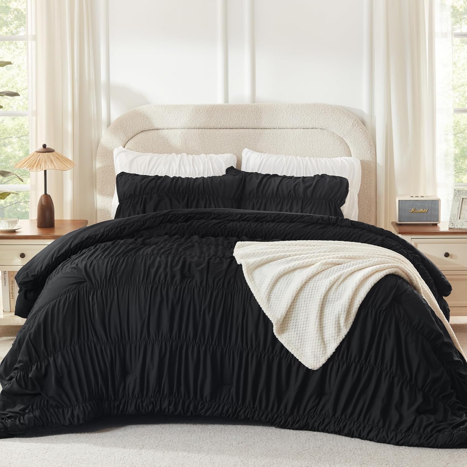 Andency Ruched Black Queen Comforter Set, Shabby Chic Pleated Bedding Sets 3 Pieces, Lightweight Soft Boho Ruffle Bed Set for Girls, Kids, Women, All Season