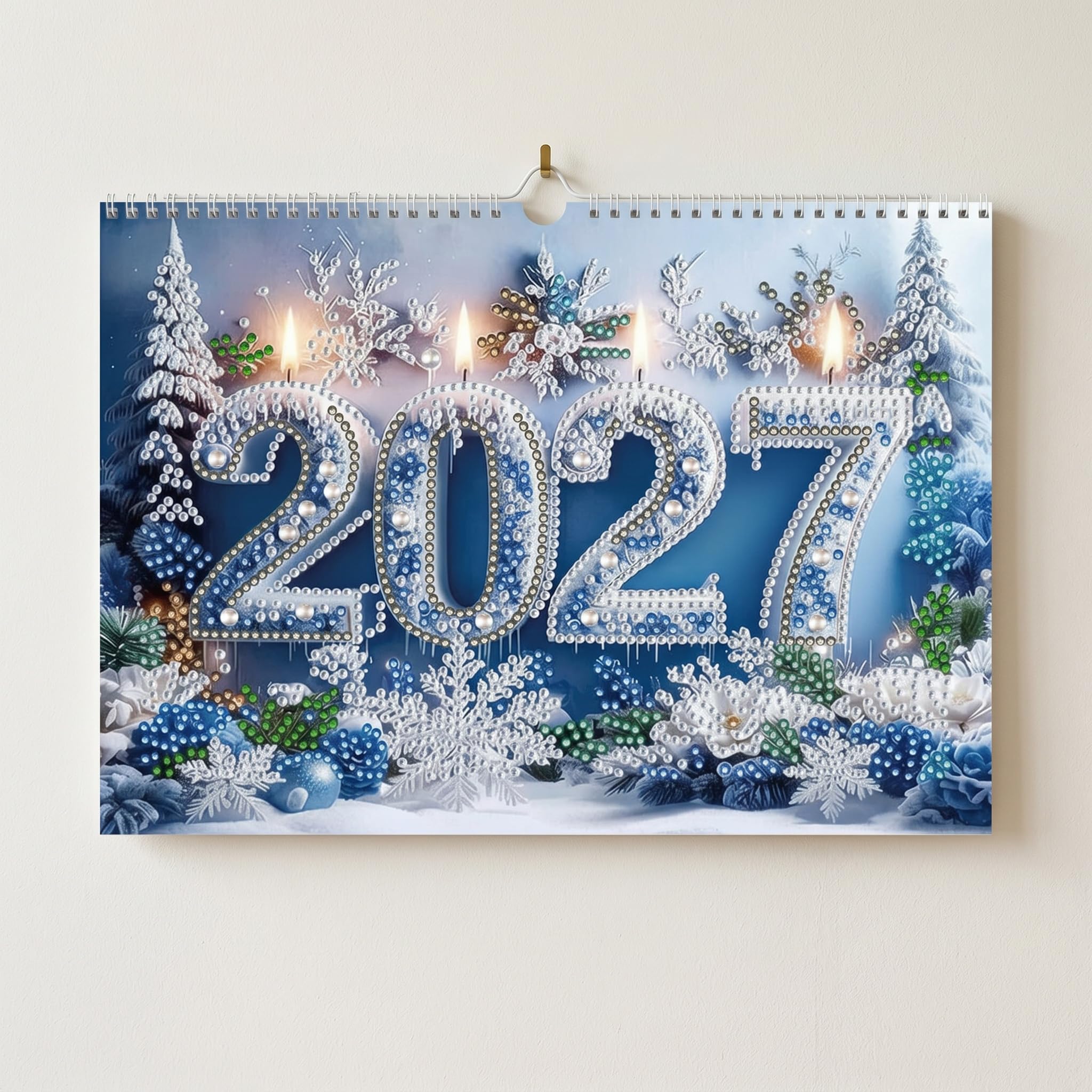 Lebartm 2027 Wall Calendar DIY Diamond Art Painting Hanging Calendar Horizontal 17x25cm Hanging Loop from January 2027 to December for Home Office Planning-Winter Style